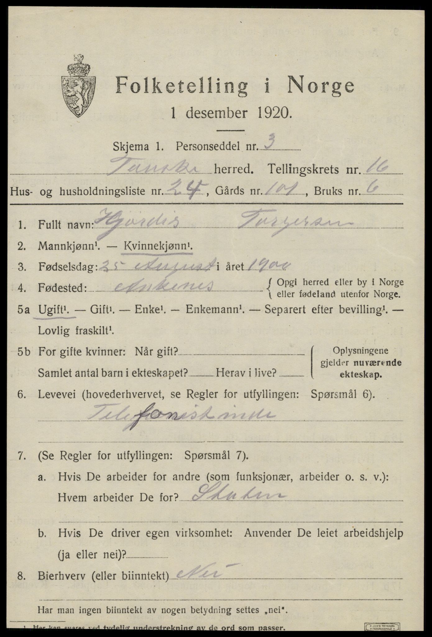 SAT, 1920 census for Fauske, 1920, p. 10098