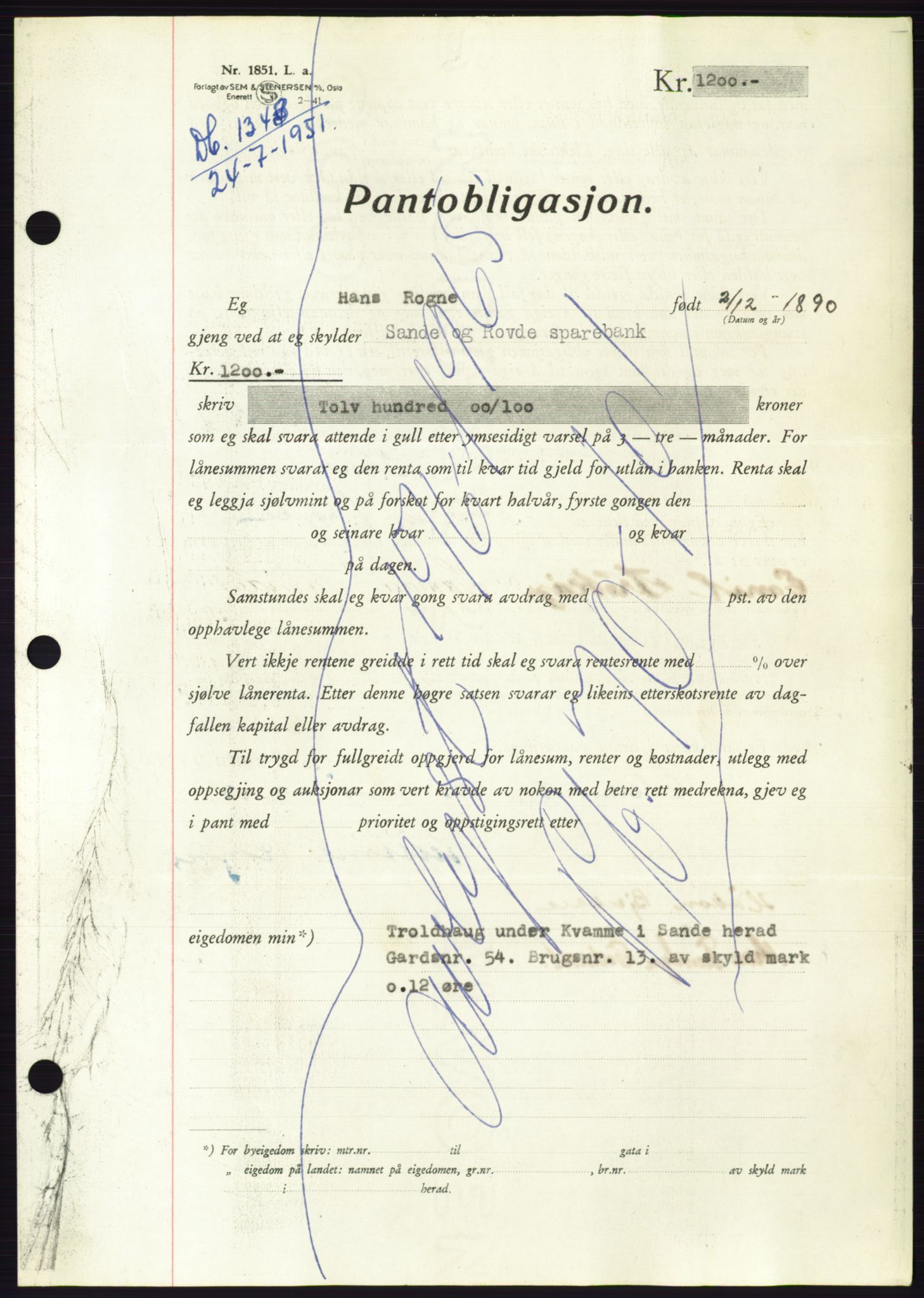 Søre Sunnmøre sorenskriveri, AV/SAT-A-4122/1/2/2C/L0120: Mortgage book no. 8B, 1951-1951, Diary no: : 1343/1951