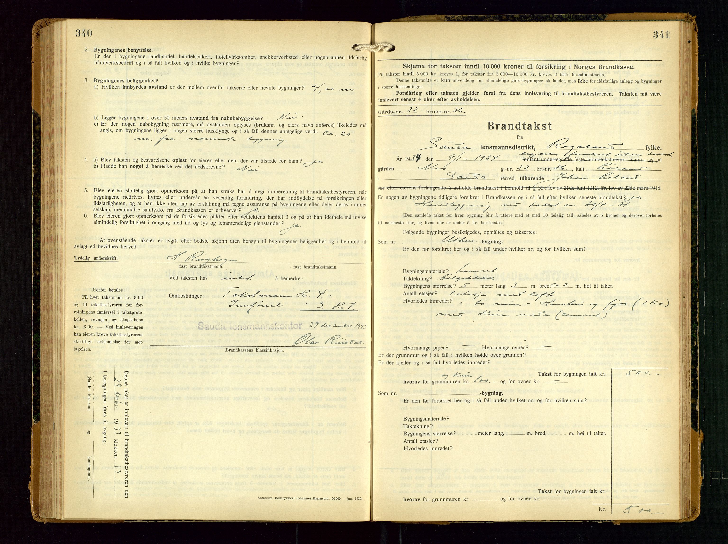 Sauda lensmannskontor, AV/SAST-A-100177/Gob/L0003: Branntakstprotokoll - skjematakst, 1928-1936, p. 340-341