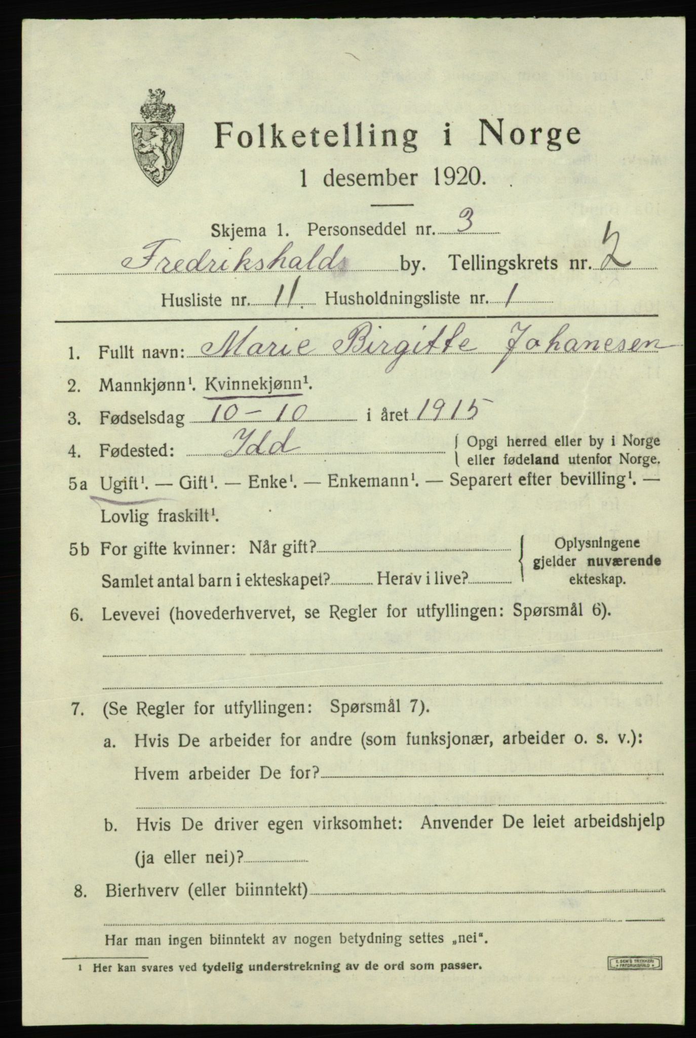 SAO, 1920 census for Fredrikshald, 1920, p. 9476