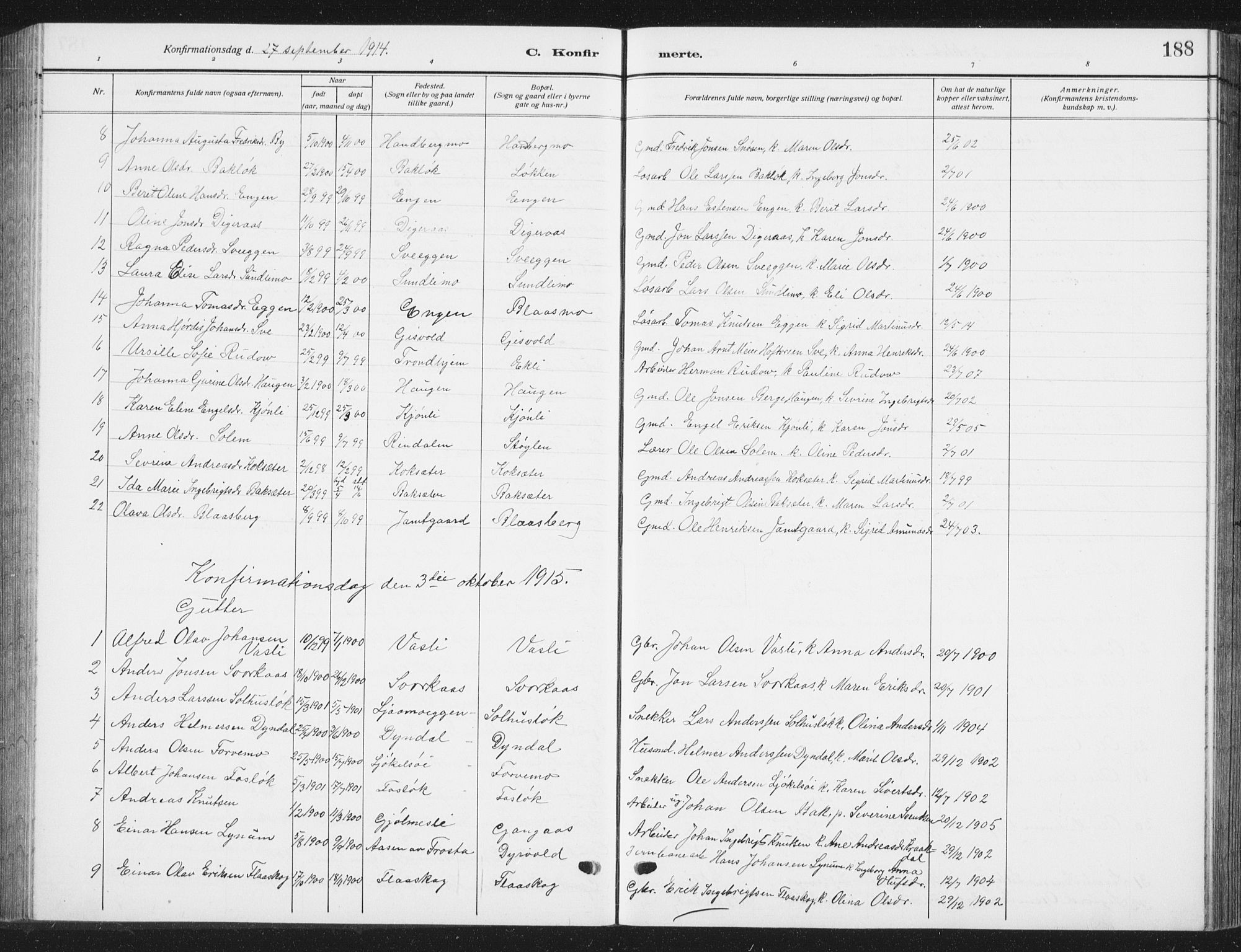 Ministerialprotokoller, klokkerbøker og fødselsregistre - Sør-Trøndelag, SAT/A-1456/668/L0820: Parish register (copy) no. 668C09, 1912-1936, p. 188