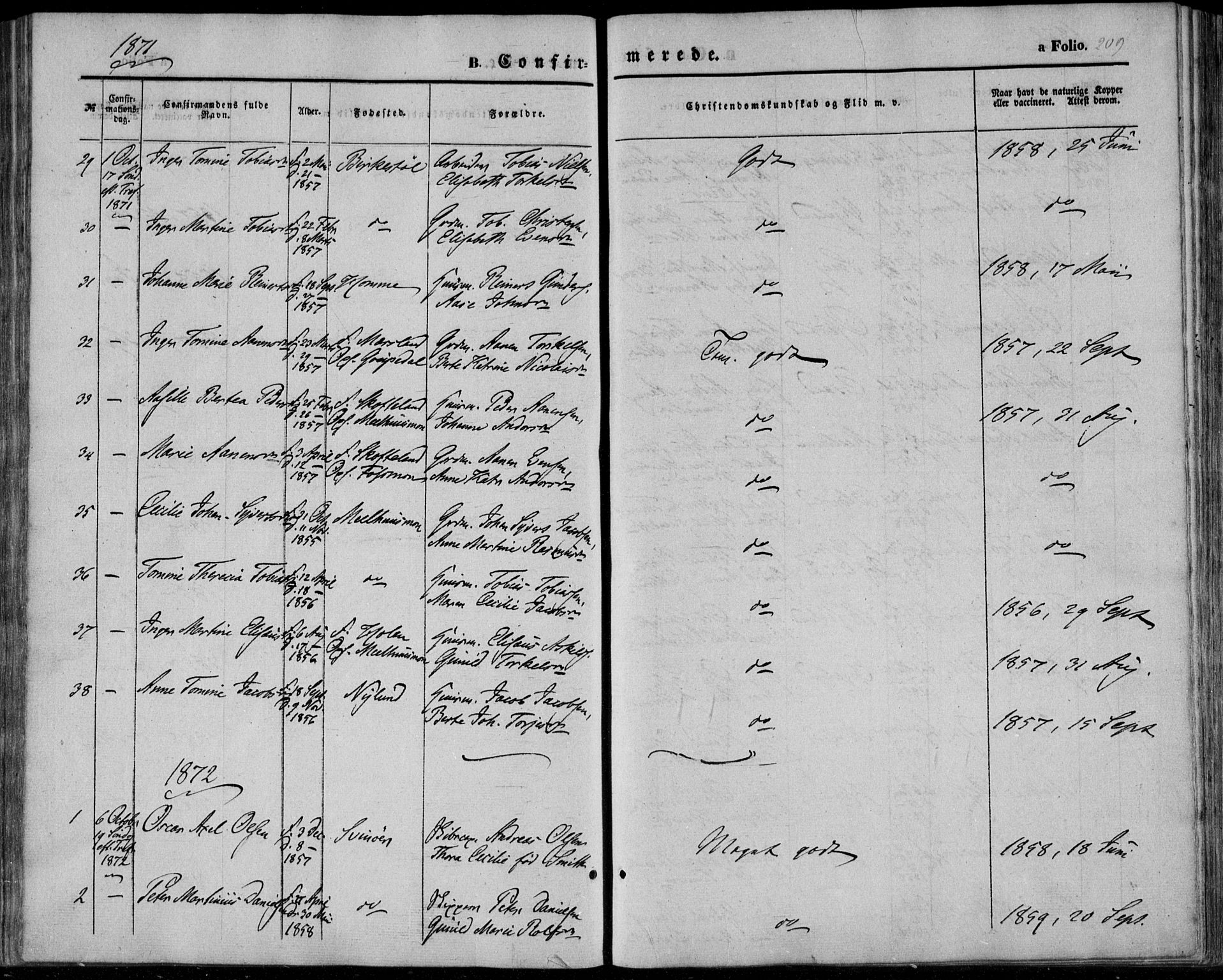 Sør-Audnedal sokneprestkontor, AV/SAK-1111-0039/F/Fa/Fab/L0007: Parish register (official) no. A 7, 1855-1876, p. 209