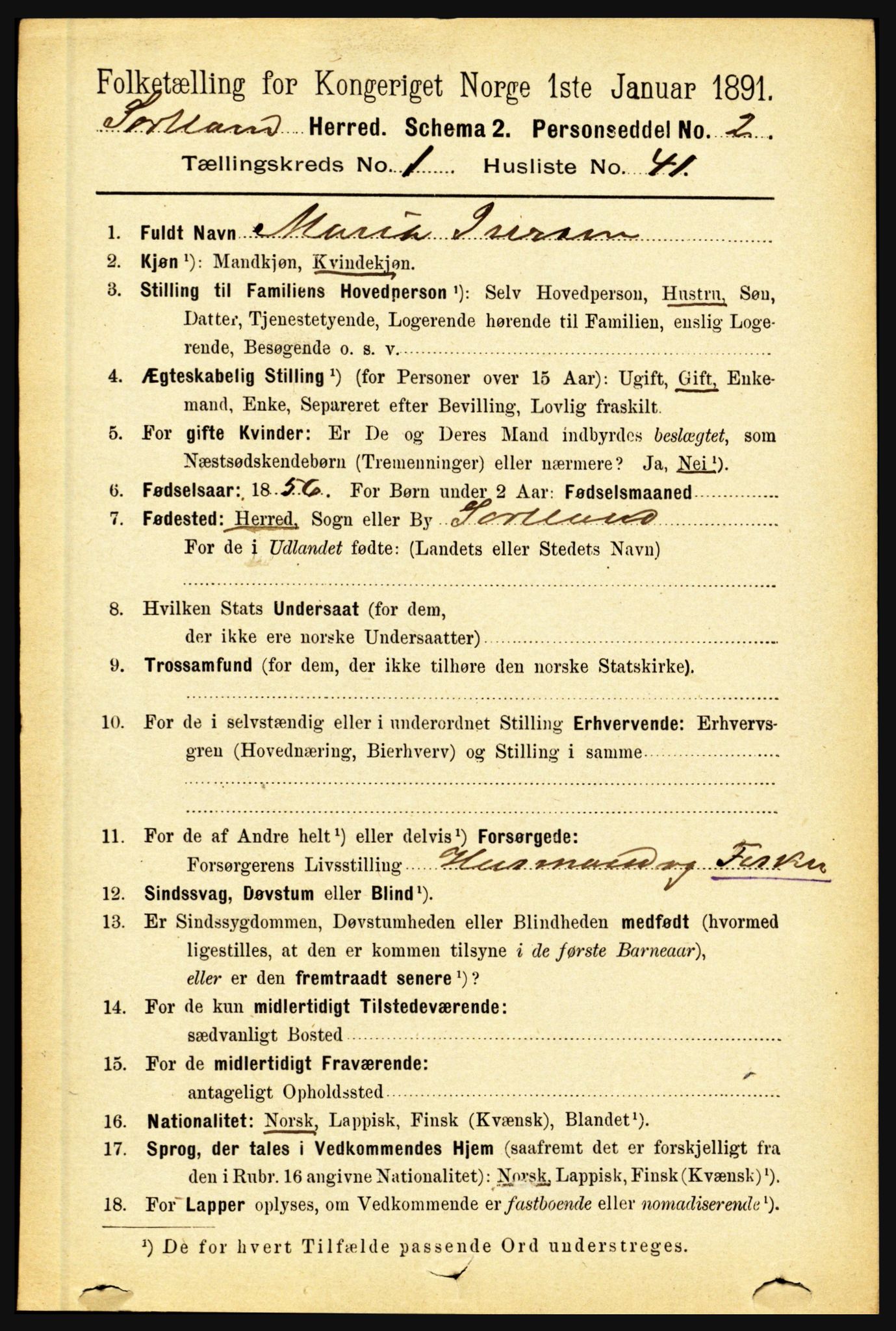 RA, 1891 census for 1870 Sortland, 1891, p. 367