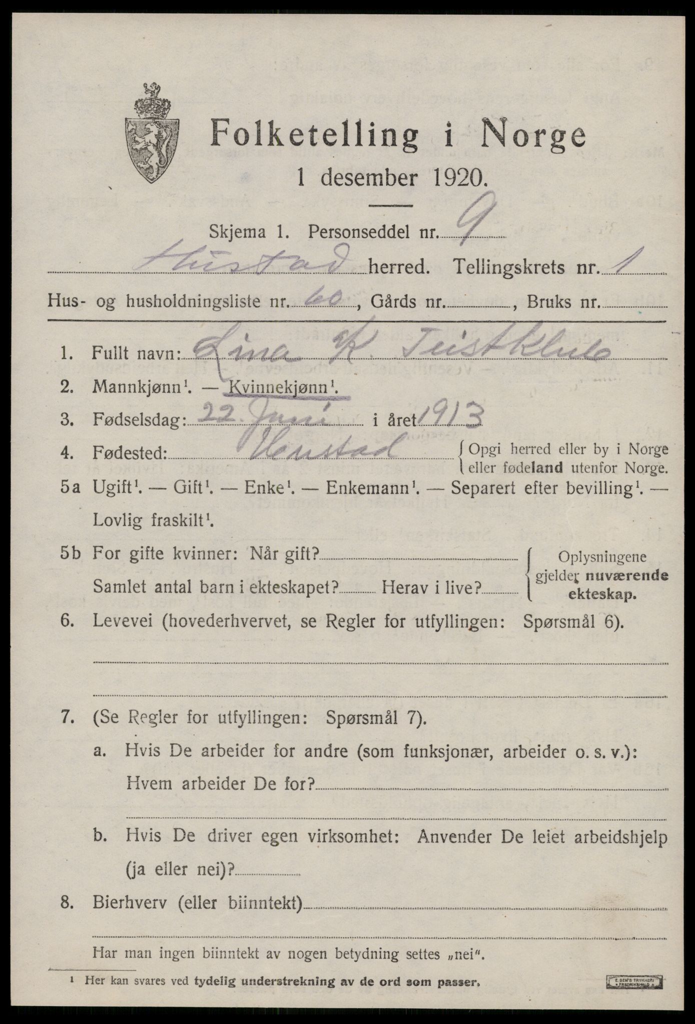 SAT, 1920 census for Hustad, 1920, p. 1493