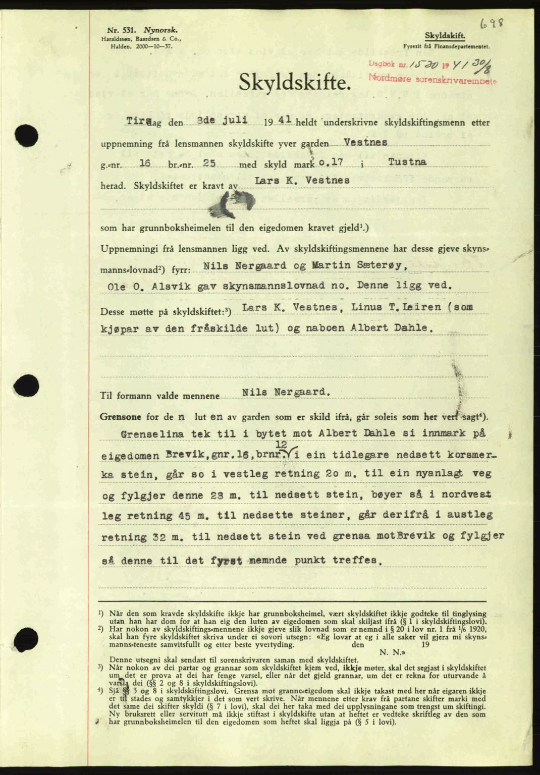 Nordmøre sorenskriveri, SAT/A-4132/1/2/2Ca: Mortgage book no. A90, 1941-1941, Diary no: : 1530/1941
