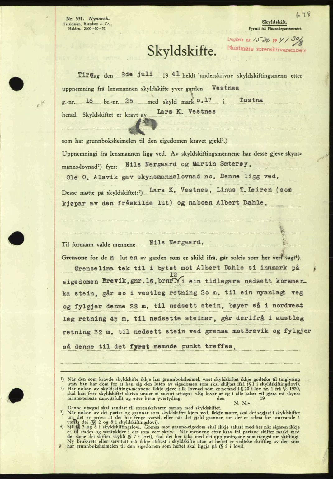 Nordmøre sorenskriveri, AV/SAT-A-4132/1/2/2Ca: Mortgage book no. A90, 1941-1941, Diary no: : 1530/1941