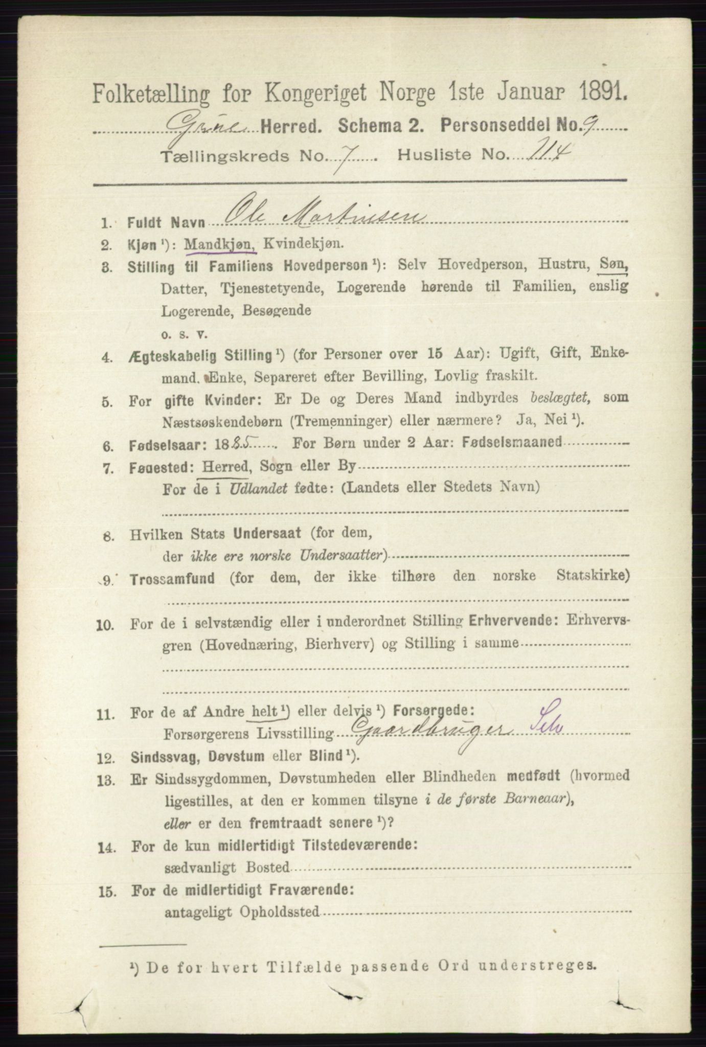 RA, 1891 census for 0423 Grue, 1891, p. 4227