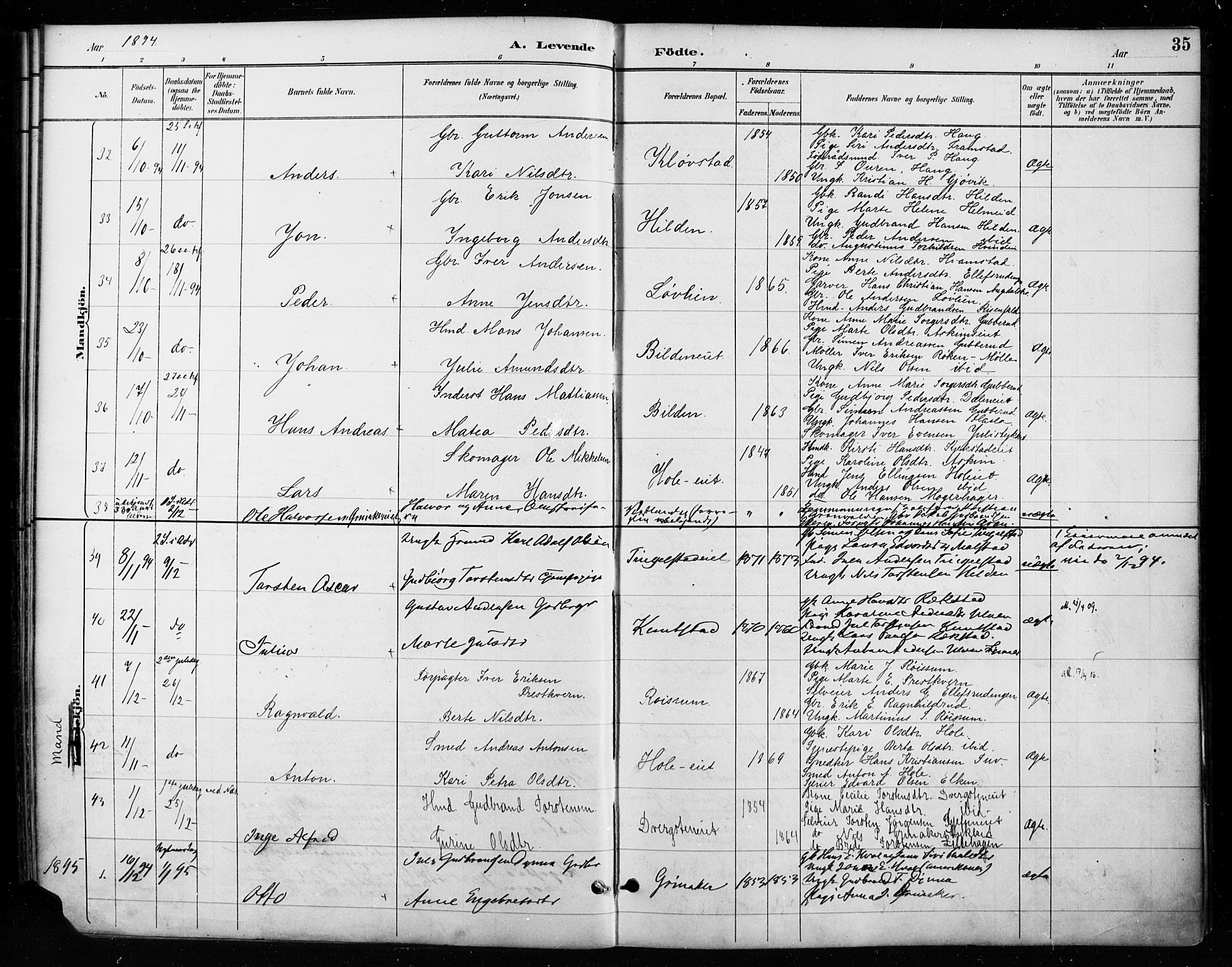Gran prestekontor, SAH/PREST-112/H/Ha/Haa/L0018: Parish register (official) no. 18, 1889-1899, p. 35