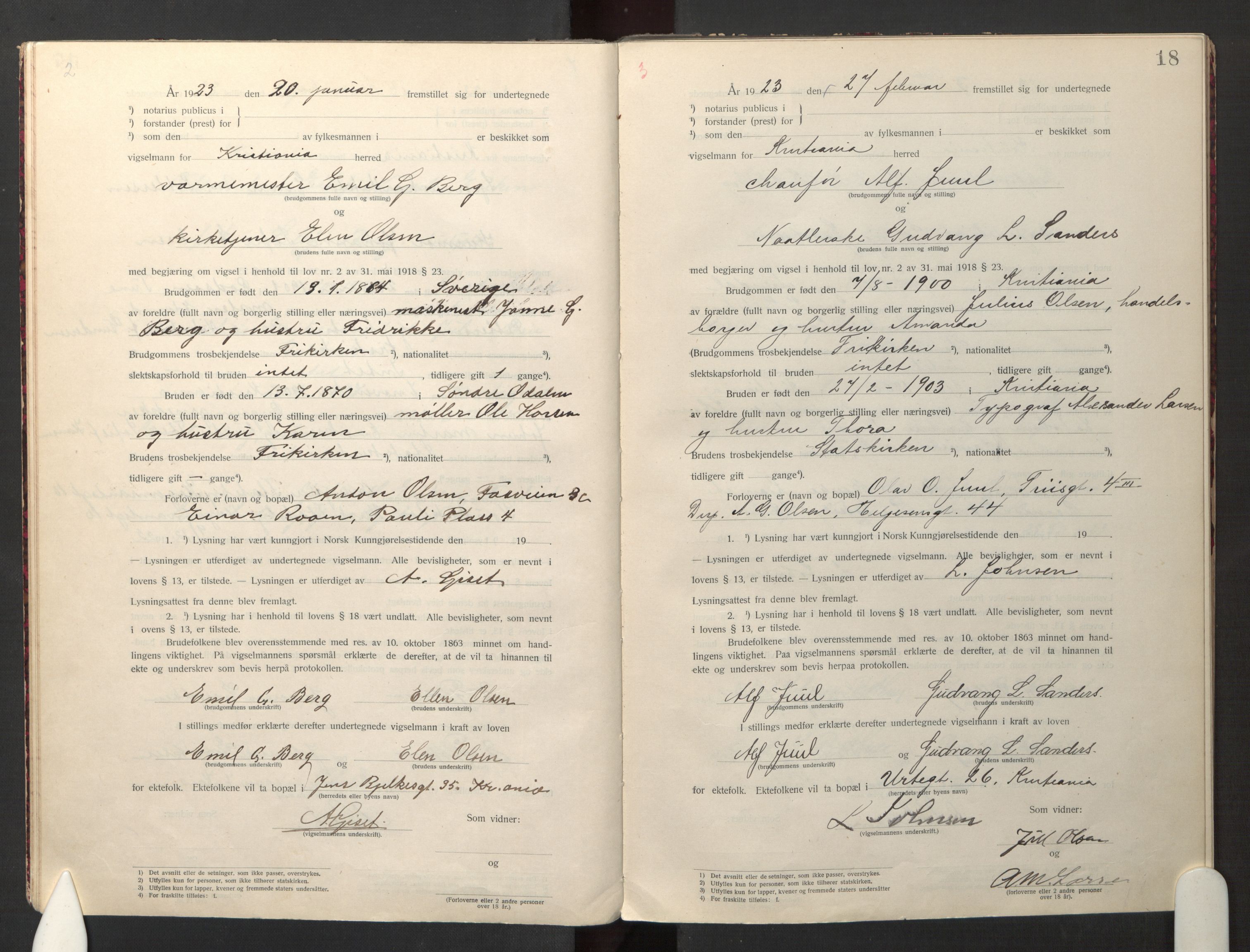 Den evangelisk-lutherske frikirke østre menighet, Oslo, SAO/PAO-0245/F/L0005: Marriage register (dissenter) no. 5, 1920-1941, p. 18