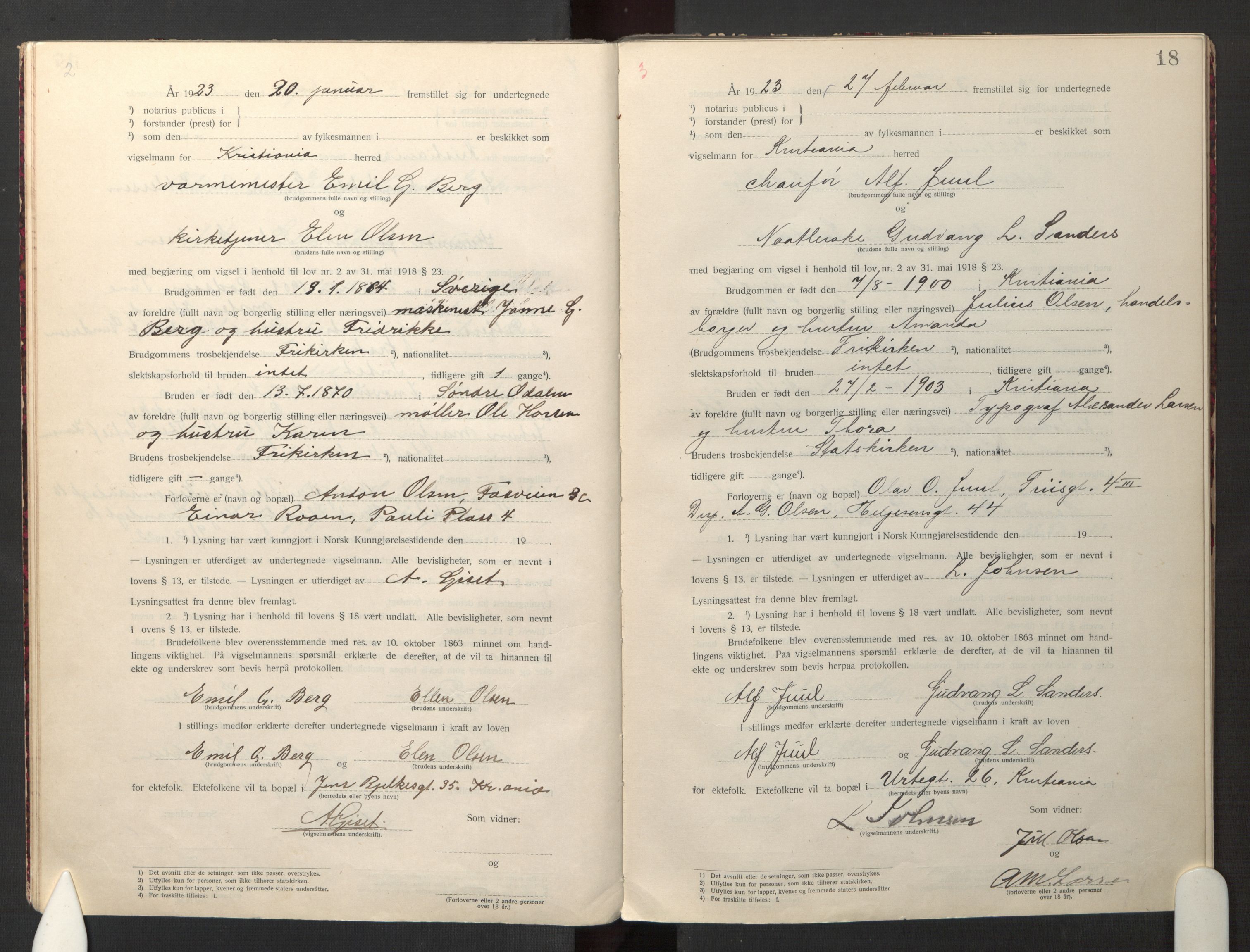 Den evangelisk-lutherske frikirke østre menighet, Oslo, AV/SAO-PAO-0245/F/L0005: Marriage register (dissenter) no. 5, 1920-1941, p. 18