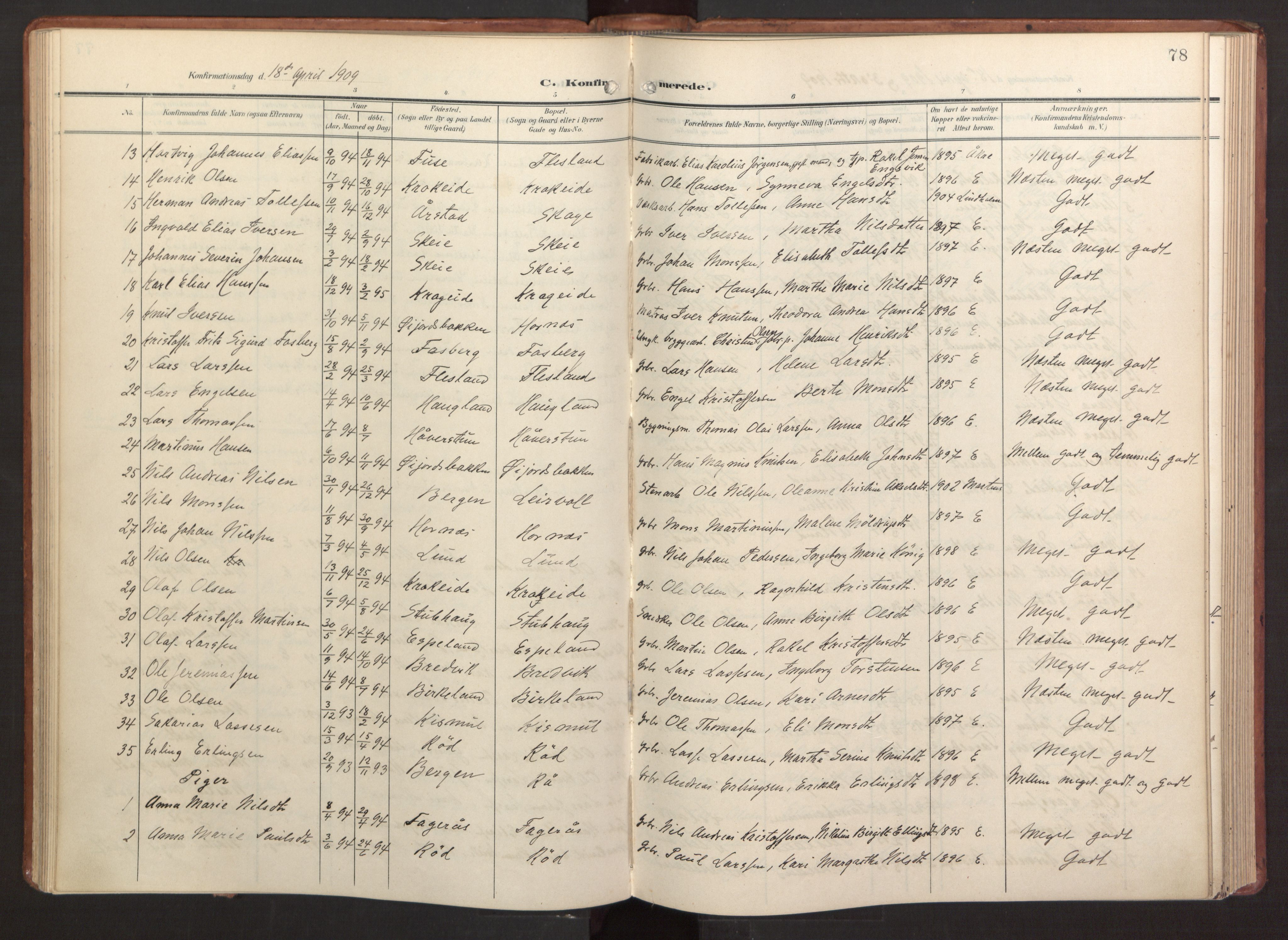 Fana Sokneprestembete, AV/SAB-A-75101/H/Haa/Haab/L0004: Parish register (official) no. B 4, 1908-1915, p. 78