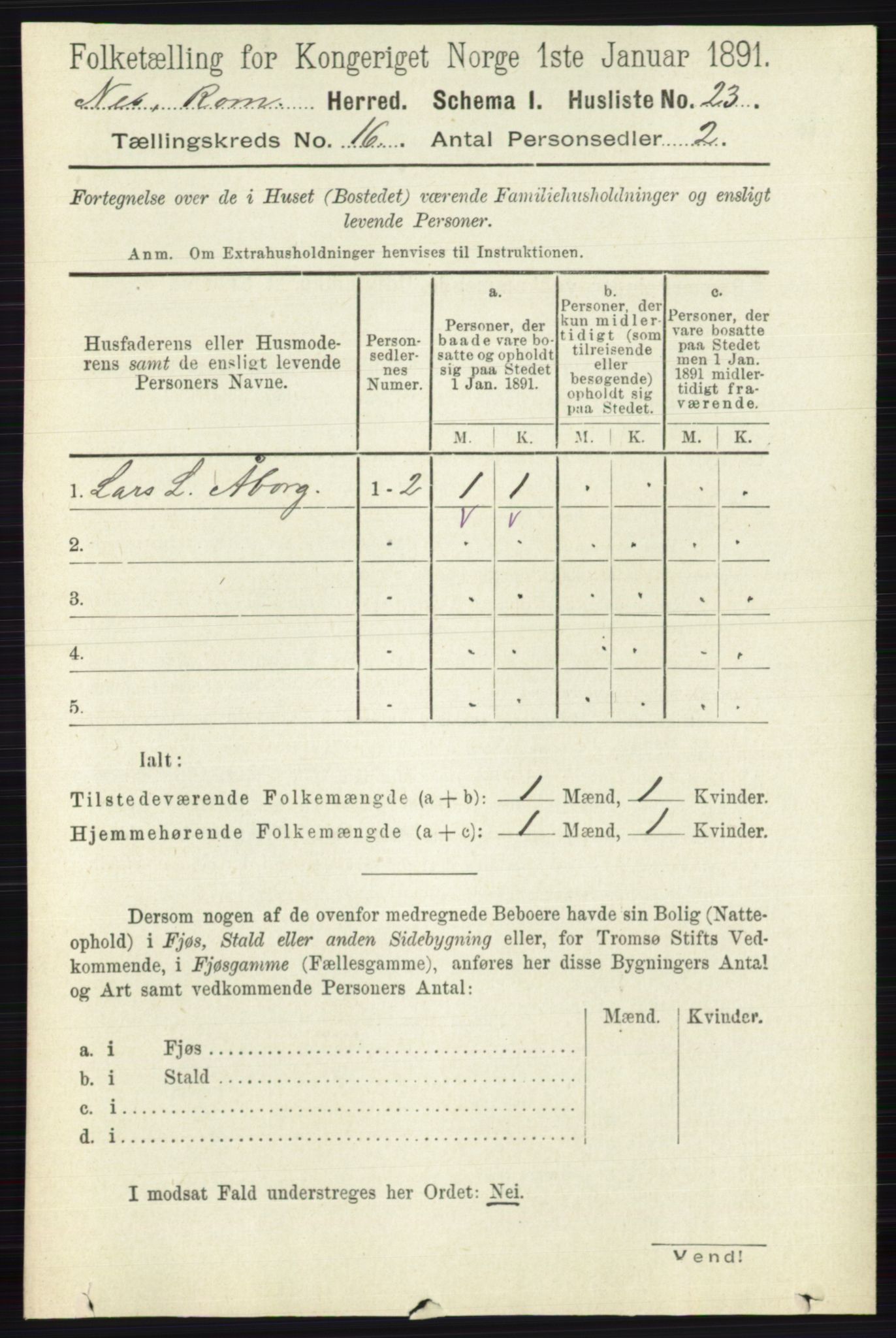 RA, 1891 census for 0236 Nes, 1891, p. 9521