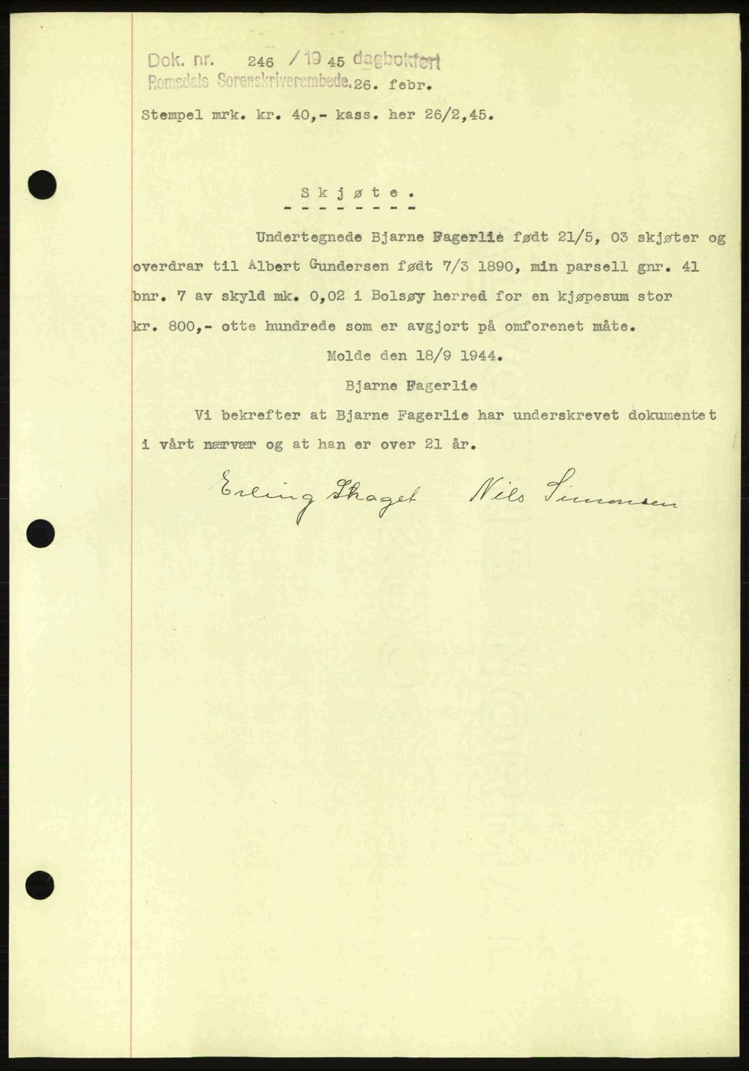 Romsdal sorenskriveri, AV/SAT-A-4149/1/2/2C: Mortgage book no. A17, 1944-1945, Diary no: : 246/1945