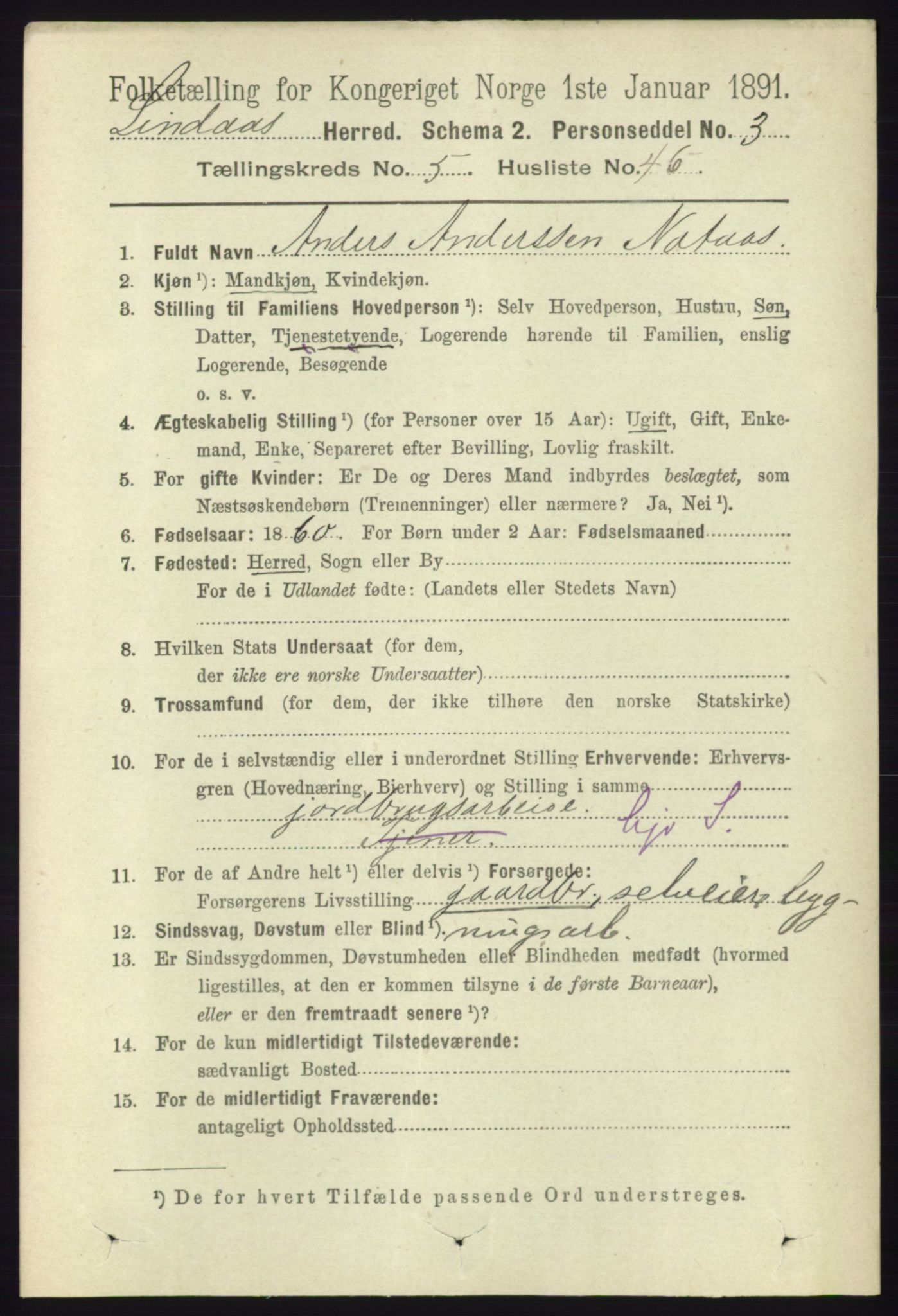 RA, 1891 census for 1263 Lindås, 1891, p. 1805