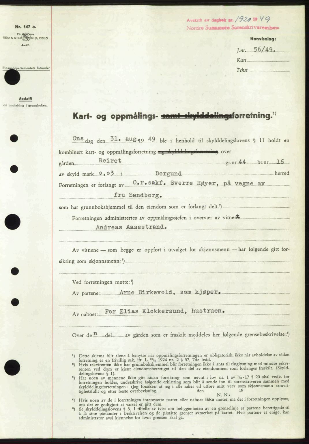 Nordre Sunnmøre sorenskriveri, AV/SAT-A-0006/1/2/2C/2Ca: Mortgage book no. A32, 1949-1949, Diary no: : 1920/1949