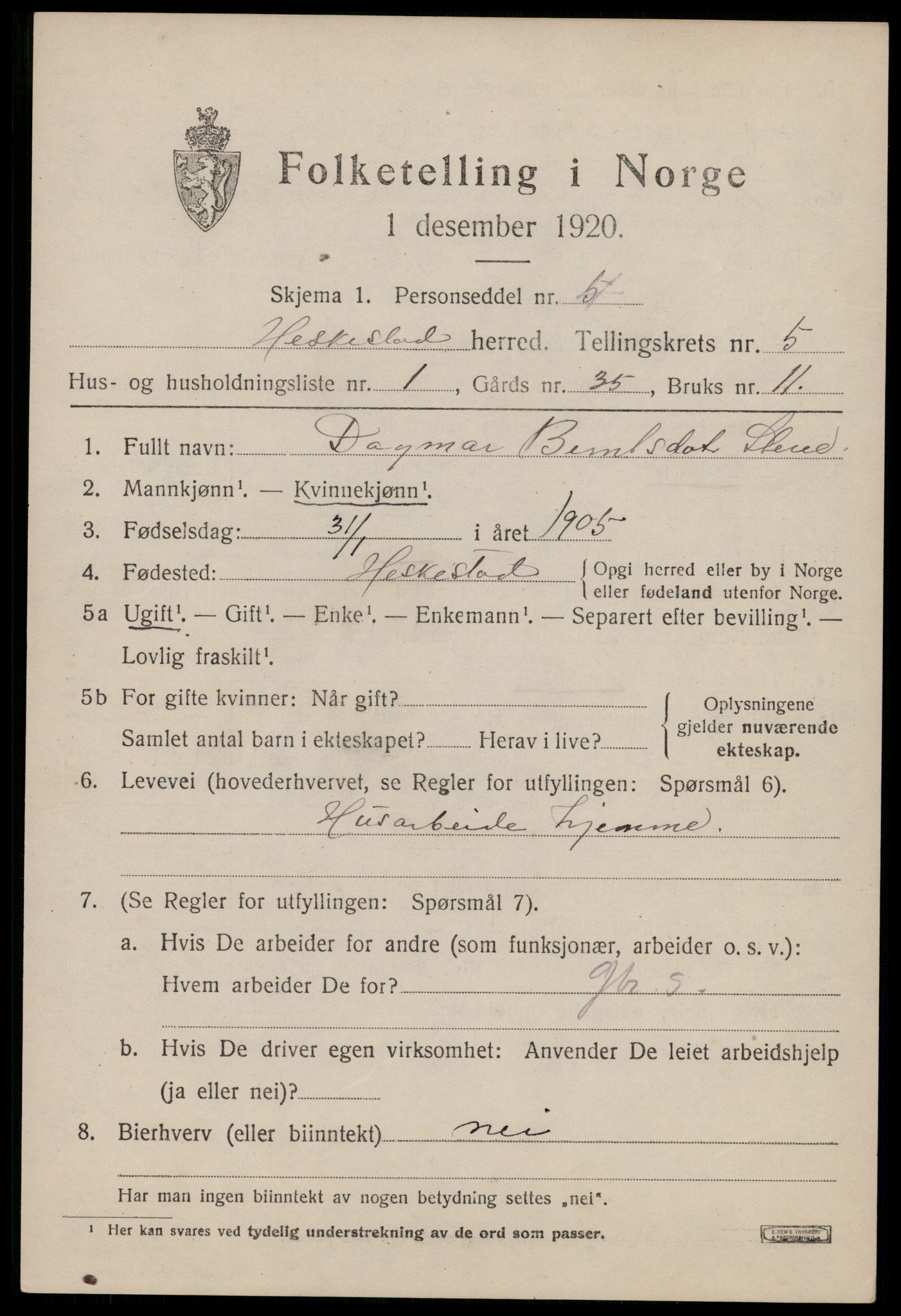 SAST, 1920 census for Heskestad, 1920, p. 1837