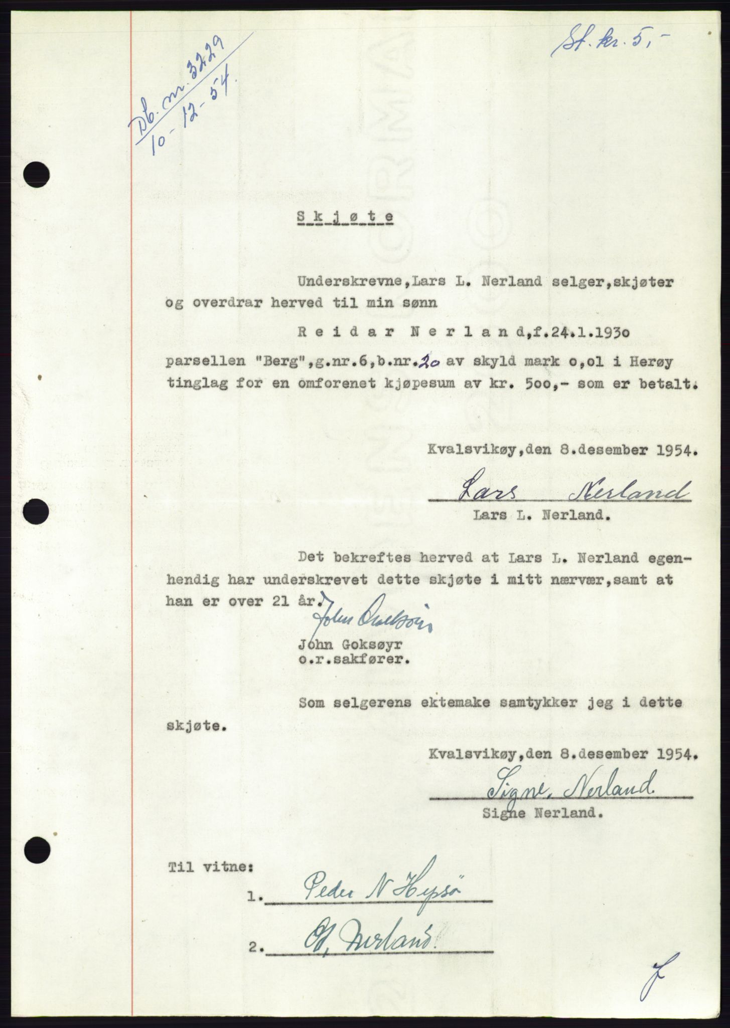 Søre Sunnmøre sorenskriveri, AV/SAT-A-4122/1/2/2C/L0099: Mortgage book no. 25A, 1954-1954, Diary no: : 3229/1954