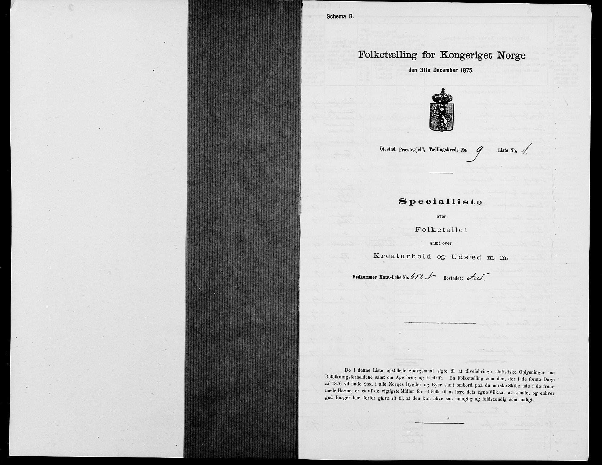 SAK, 1875 census for 0920P Øyestad, 1875, p. 1273