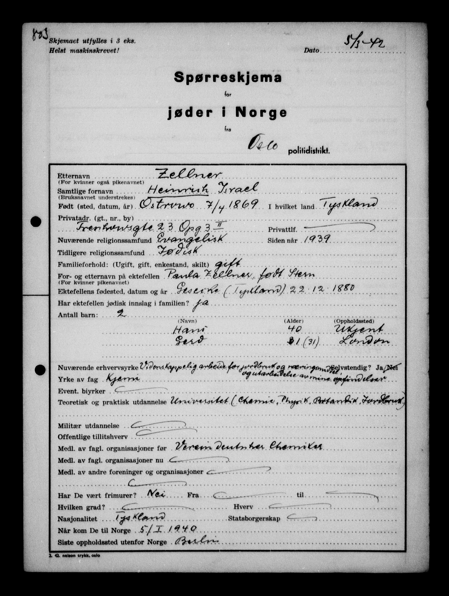 Statspolitiet - Hovedkontoret / Osloavdelingen, AV/RA-S-1329/G/Ga/L0011: Spørreskjema for jøder i Norge. 1: Oslo 610-806 (Plavnik-Zwillinger). 2: Aker 1-113 (Adler-Lewin). , 1942, p. 575