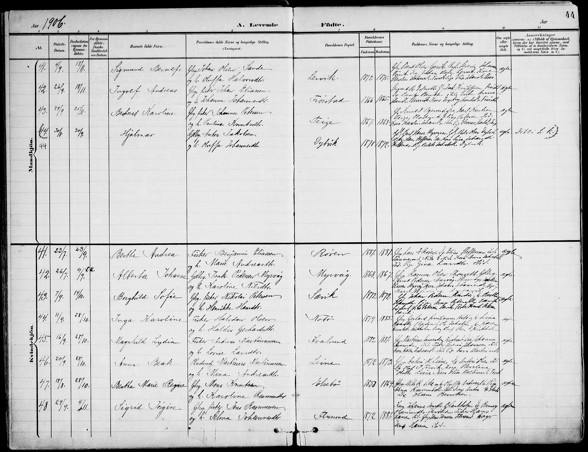 Ministerialprotokoller, klokkerbøker og fødselsregistre - Møre og Romsdal, AV/SAT-A-1454/507/L0075: Parish register (official) no. 507A10, 1901-1920, p. 44