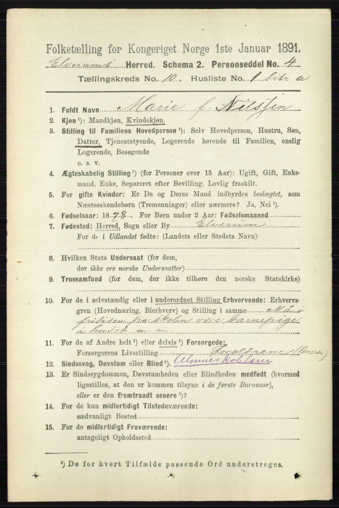 RA, 1891 census for 0427 Elverum, 1891, p. 8205