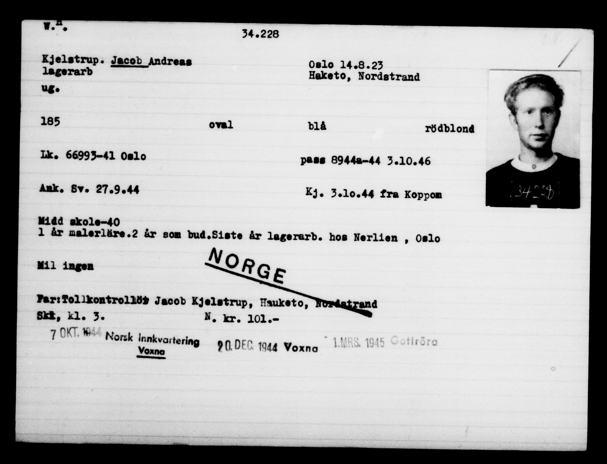 Utenriksstasjonene, Legasjonen i Stockholm, Flyktningkontoret, AV/RA-S-6753/V/Va/L0013: Kjesäterkartoteket, flyktninger med registreringsnr. 31500-34731, 1940-1945, p. 2879