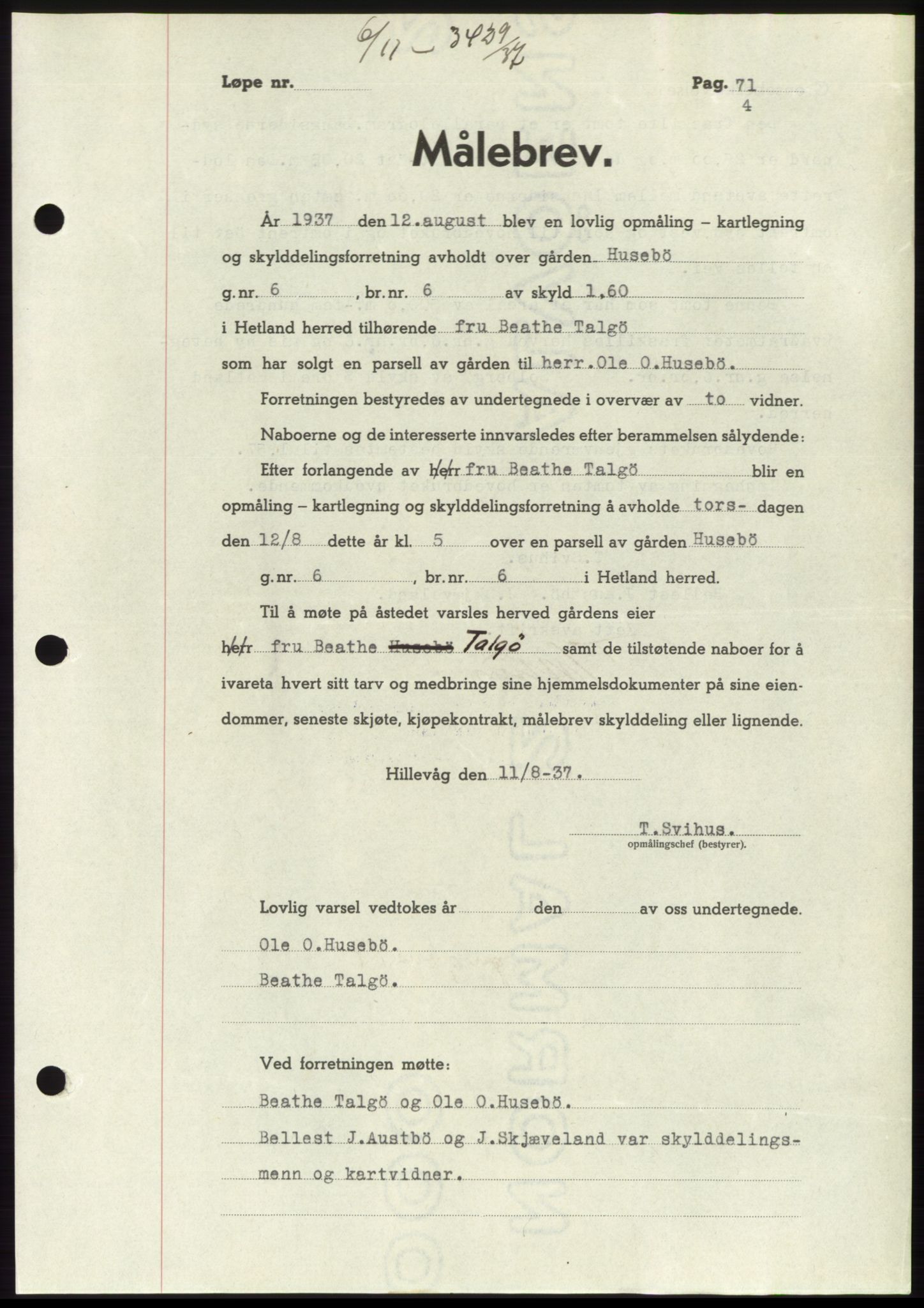 Jæren sorenskriveri, SAST/A-100310/03/G/Gba/L0069: Mortgage book, 1937-1937, Diary no: : 3429/1937