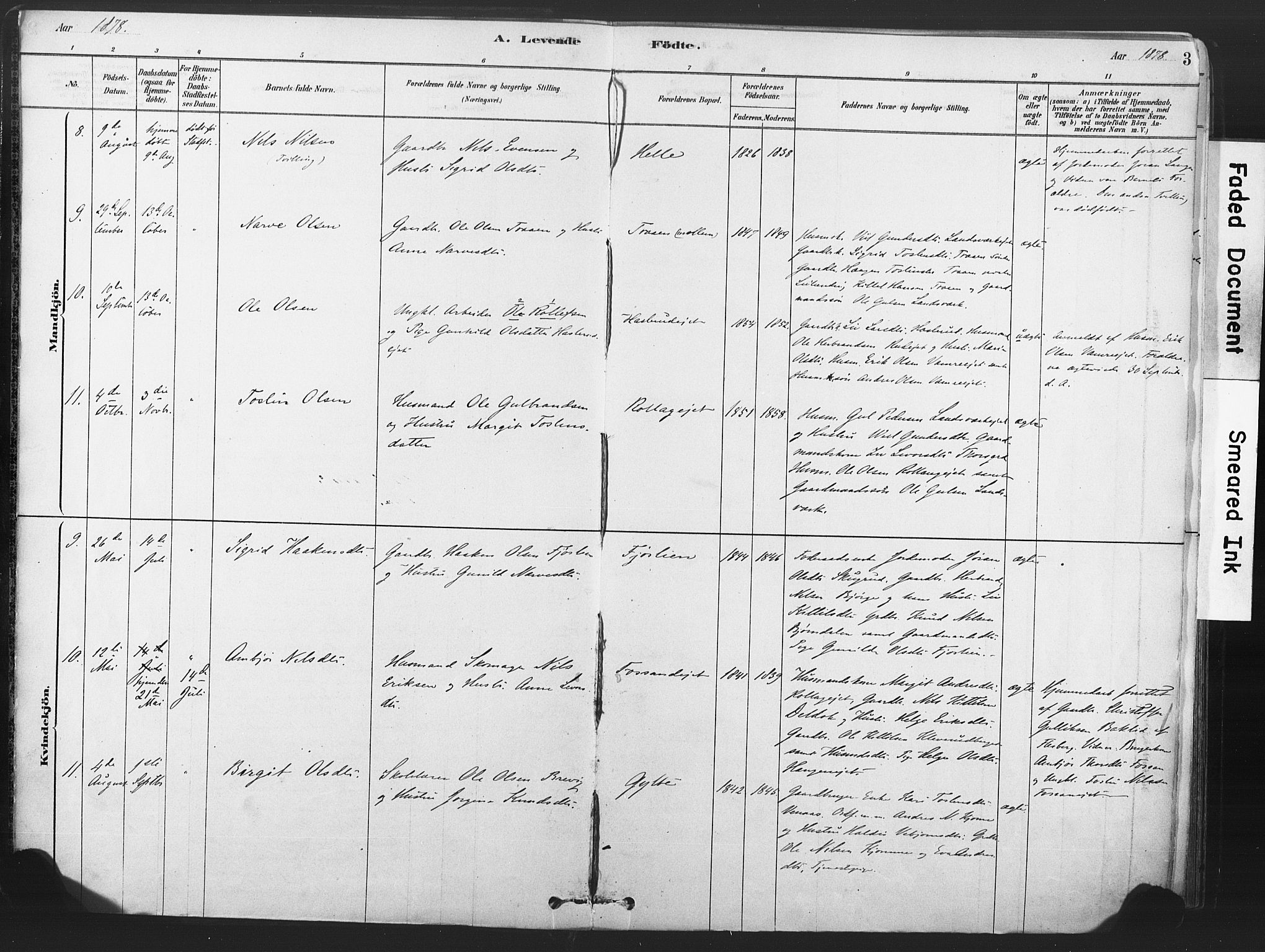 Rollag kirkebøker, AV/SAKO-A-240/F/Fa/L0011: Parish register (official) no. I 11, 1878-1902, p. 3