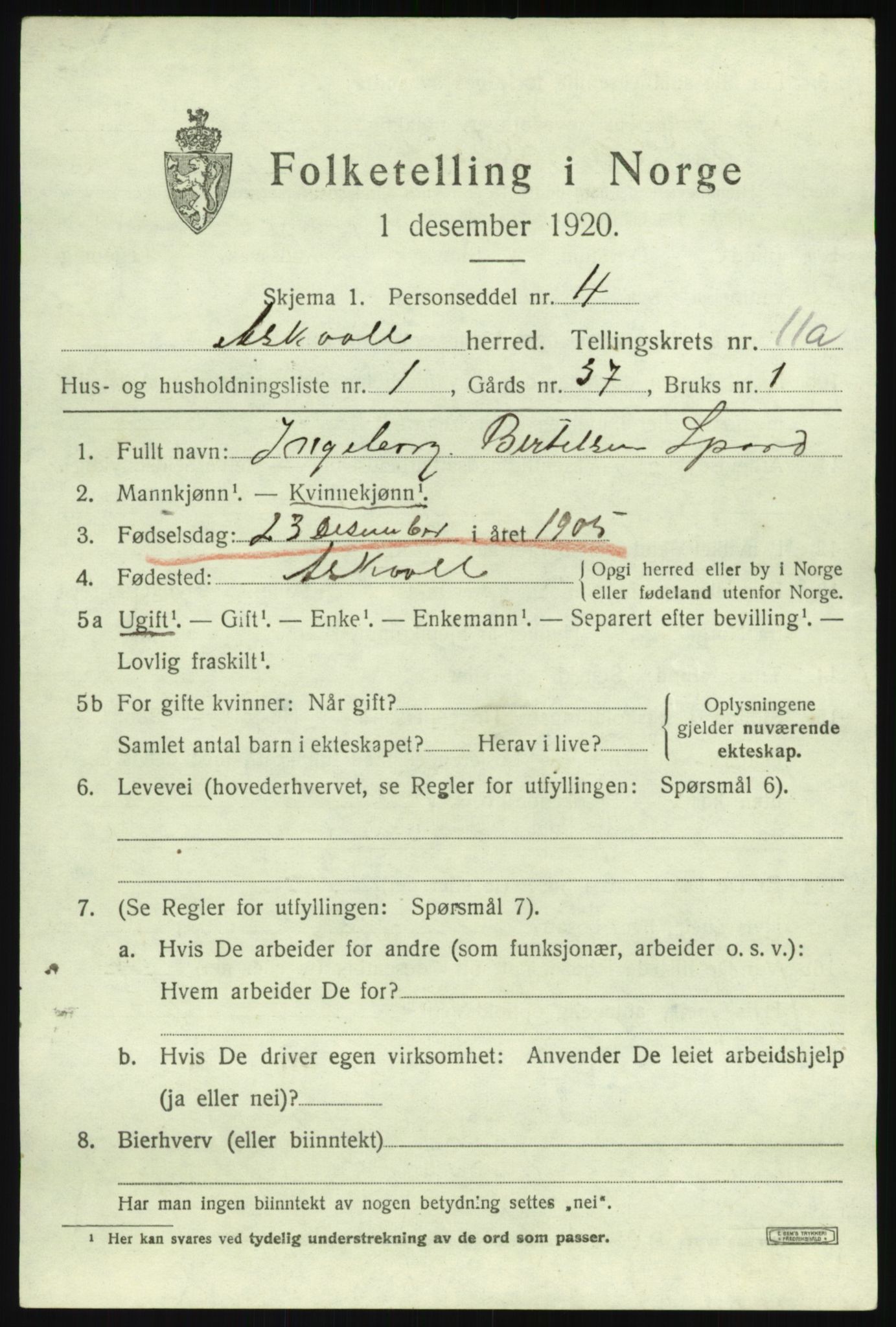 SAB, 1920 census for Askvoll, 1920, p. 4402