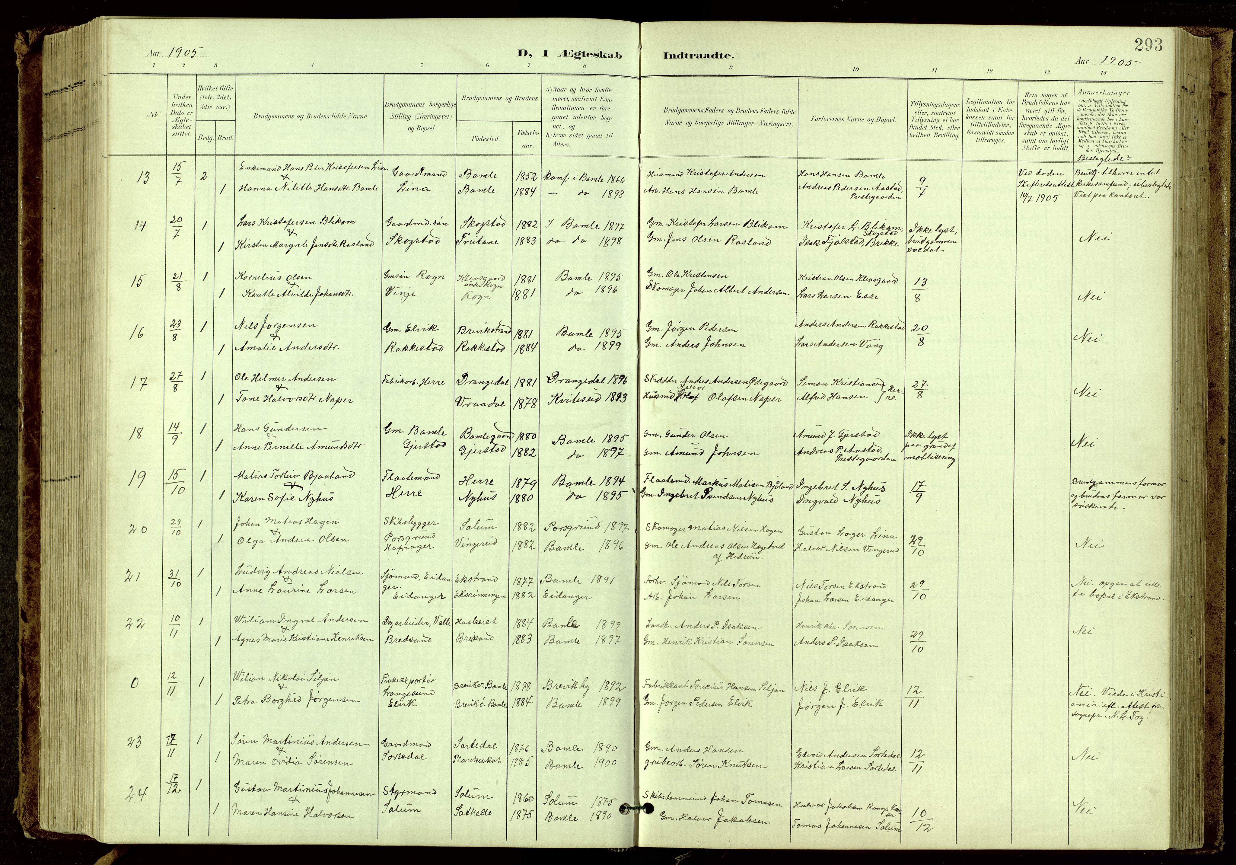 Bamble kirkebøker, SAKO/A-253/G/Ga/L0010: Parish register (copy) no. I 10, 1901-1919, p. 293