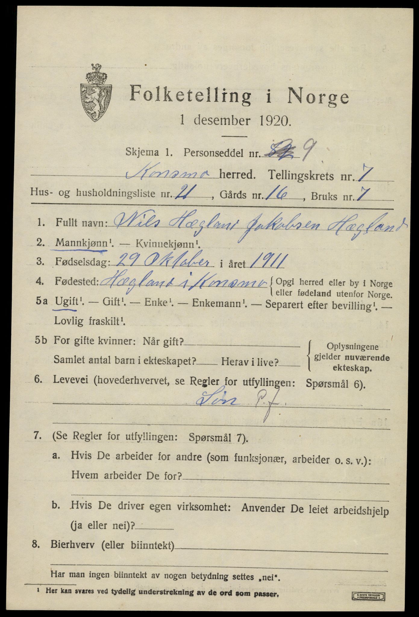 SAK, 1920 census for Konsmo, 1920, p. 1624