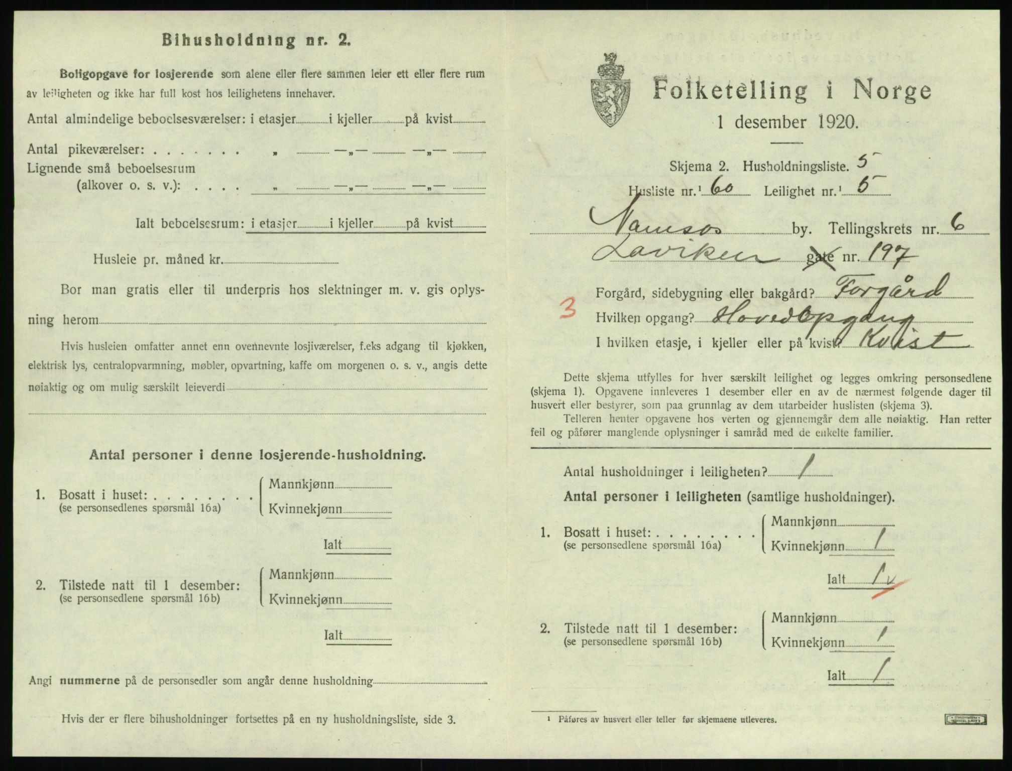 SAT, 1920 census for Namsos, 1920, p. 2007