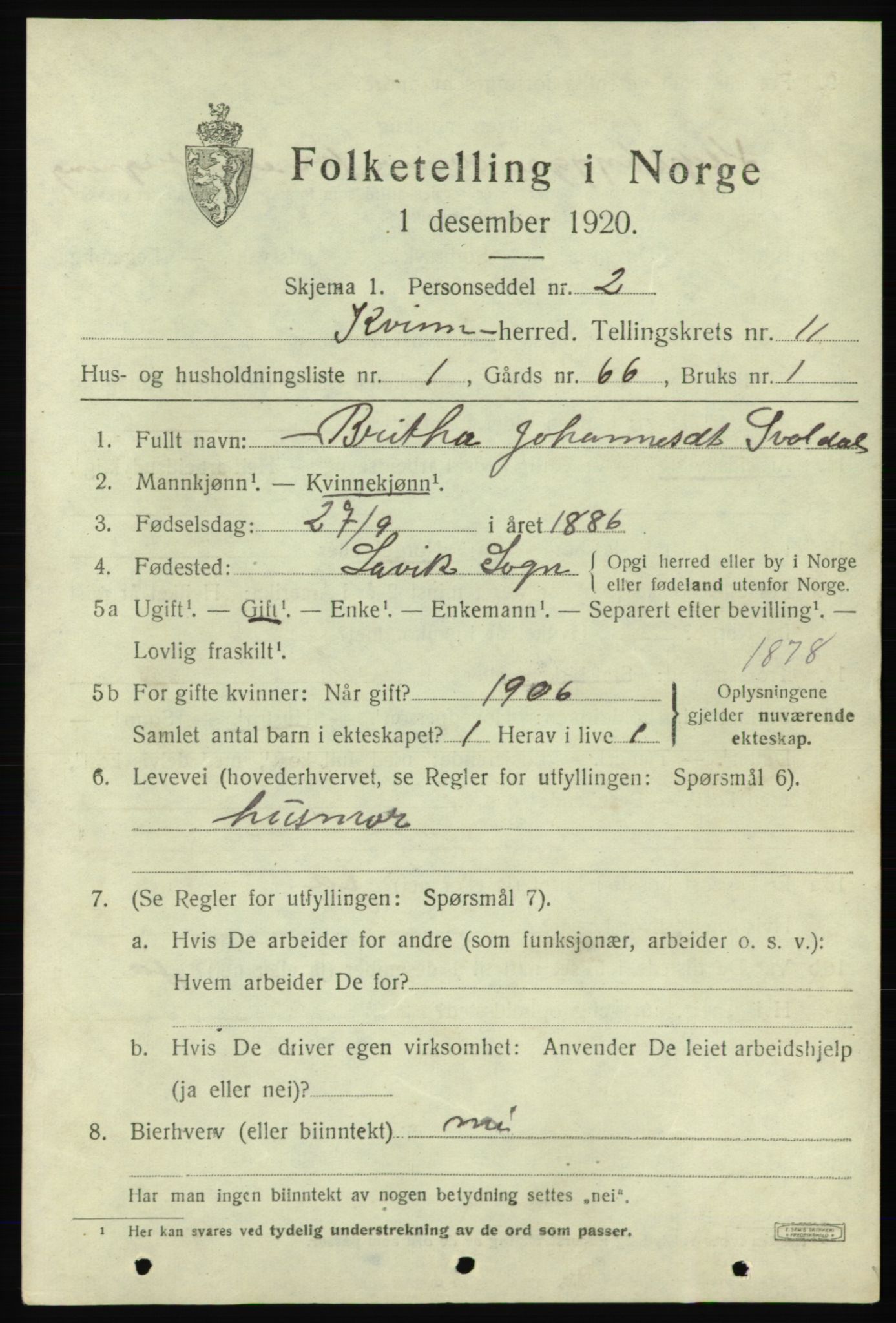 SAB, 1920 census for Kvinnherad, 1920, p. 7148