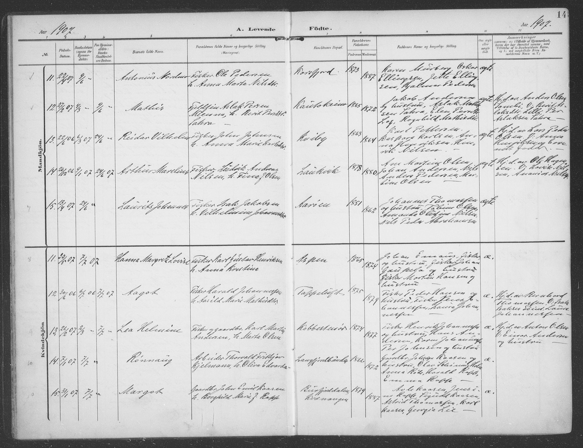 Talvik sokneprestkontor, SATØ/S-1337/H/Ha/L0017kirke: Parish register (official) no. 17, 1906-1915, p. 14