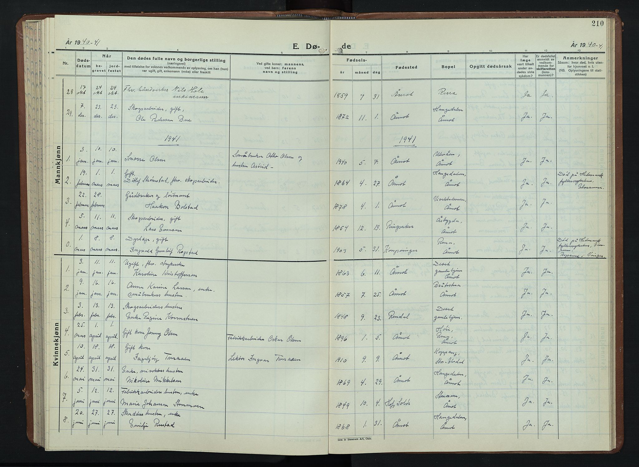 Åmot prestekontor, Hedmark, AV/SAH-PREST-056/H/Ha/Hab/L0008: Parish register (copy) no. 8, 1938-1947, p. 210