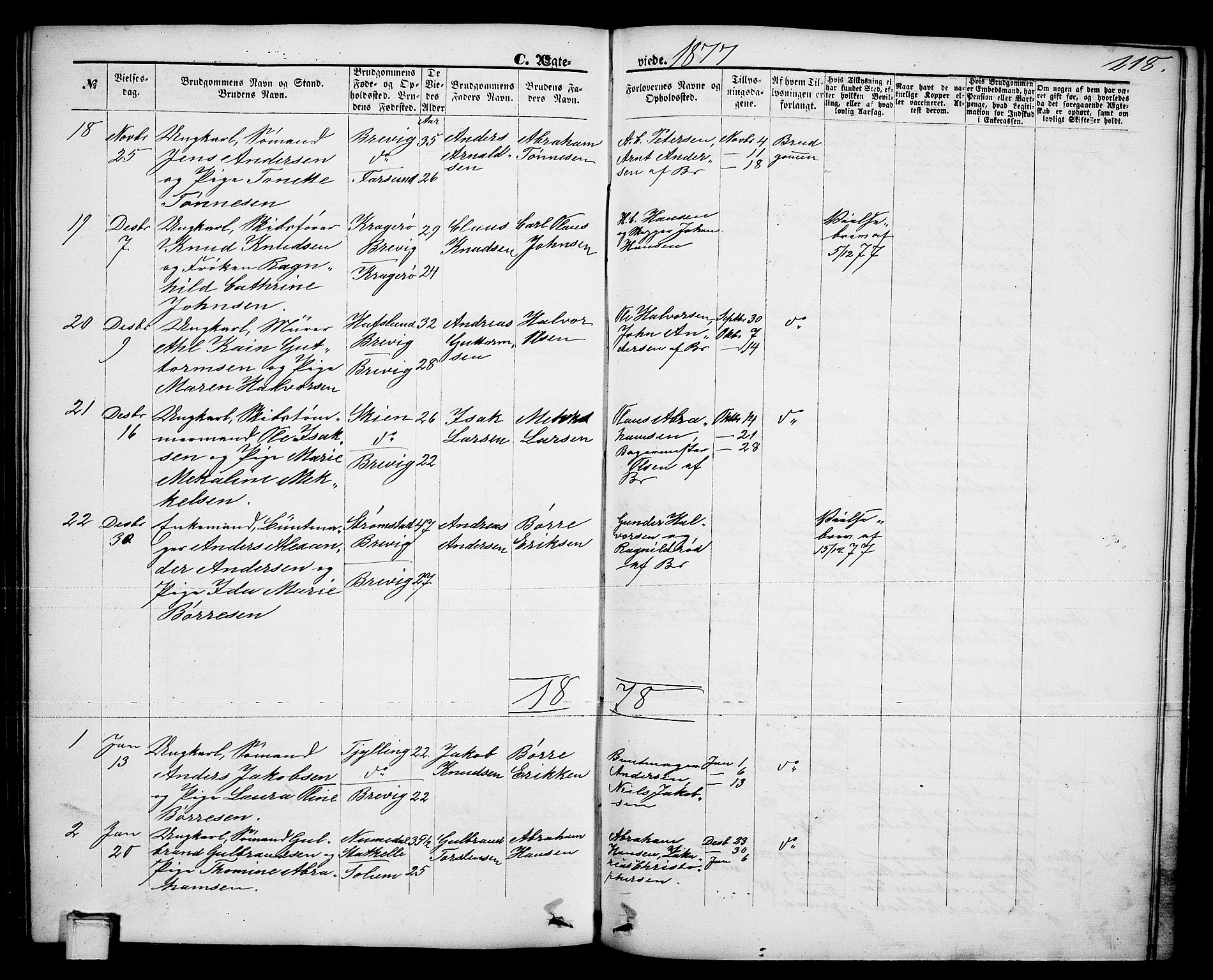 Brevik kirkebøker, AV/SAKO-A-255/G/Ga/L0003: Parish register (copy) no. 3, 1866-1881, p. 218