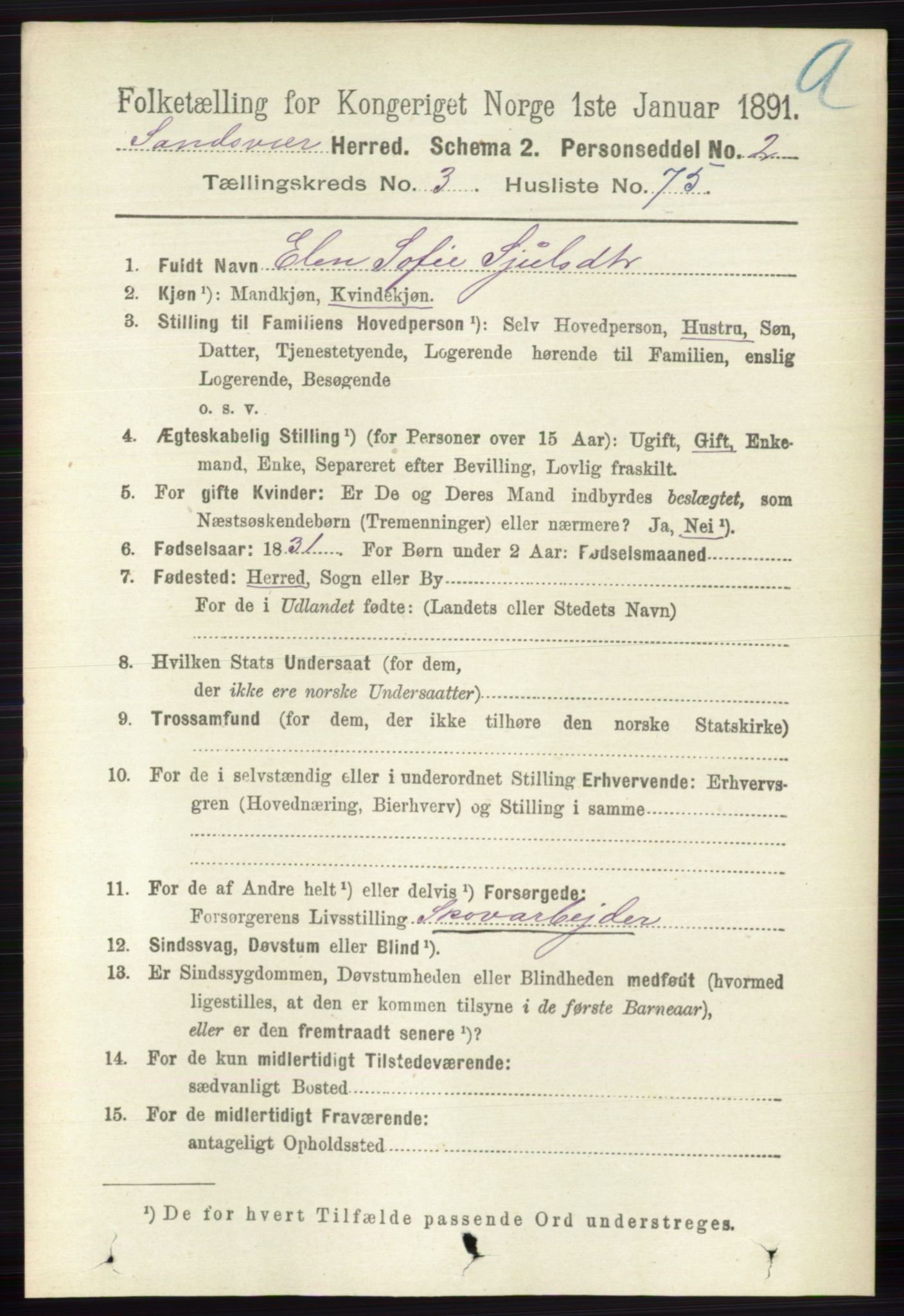 RA, 1891 census for 0629 Sandsvær, 1891, p. 1706