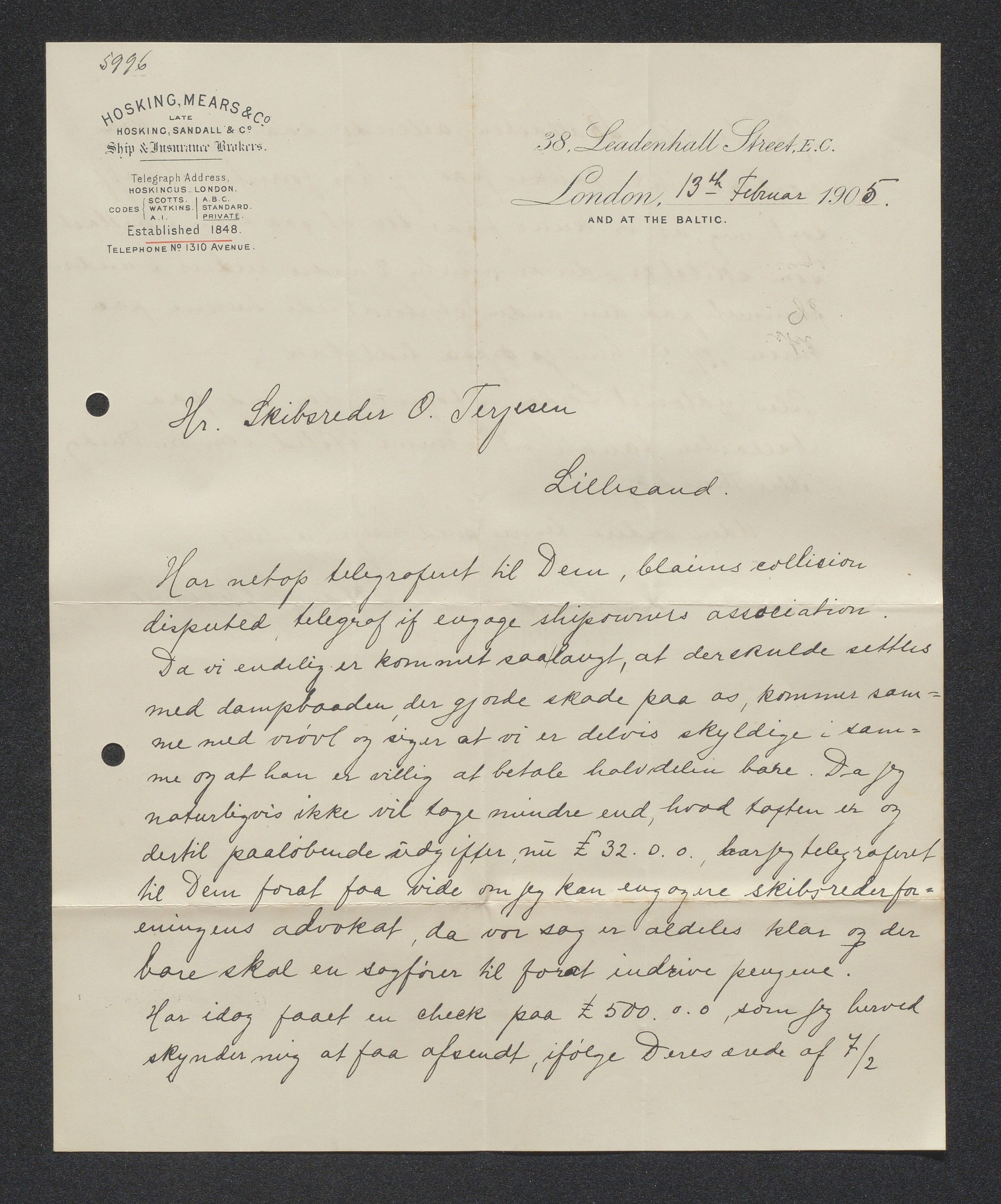 O. Terjesens rederi, AAKS/PA-2525/E/E01/L0013: Korrespondanse, 1904-1905