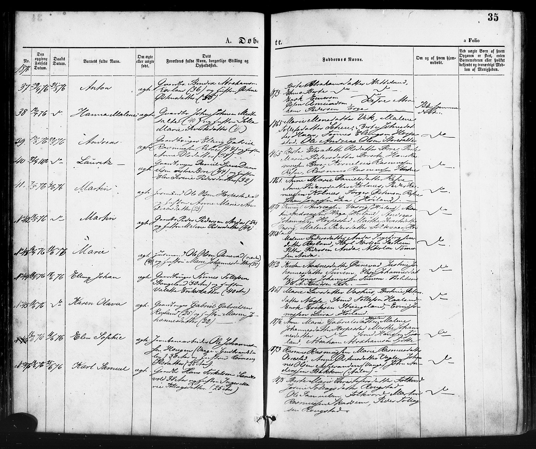 Klepp sokneprestkontor, AV/SAST-A-101803/001/3/30BA/L0006: Parish register (official) no. A 6, 1871-1885, p. 35