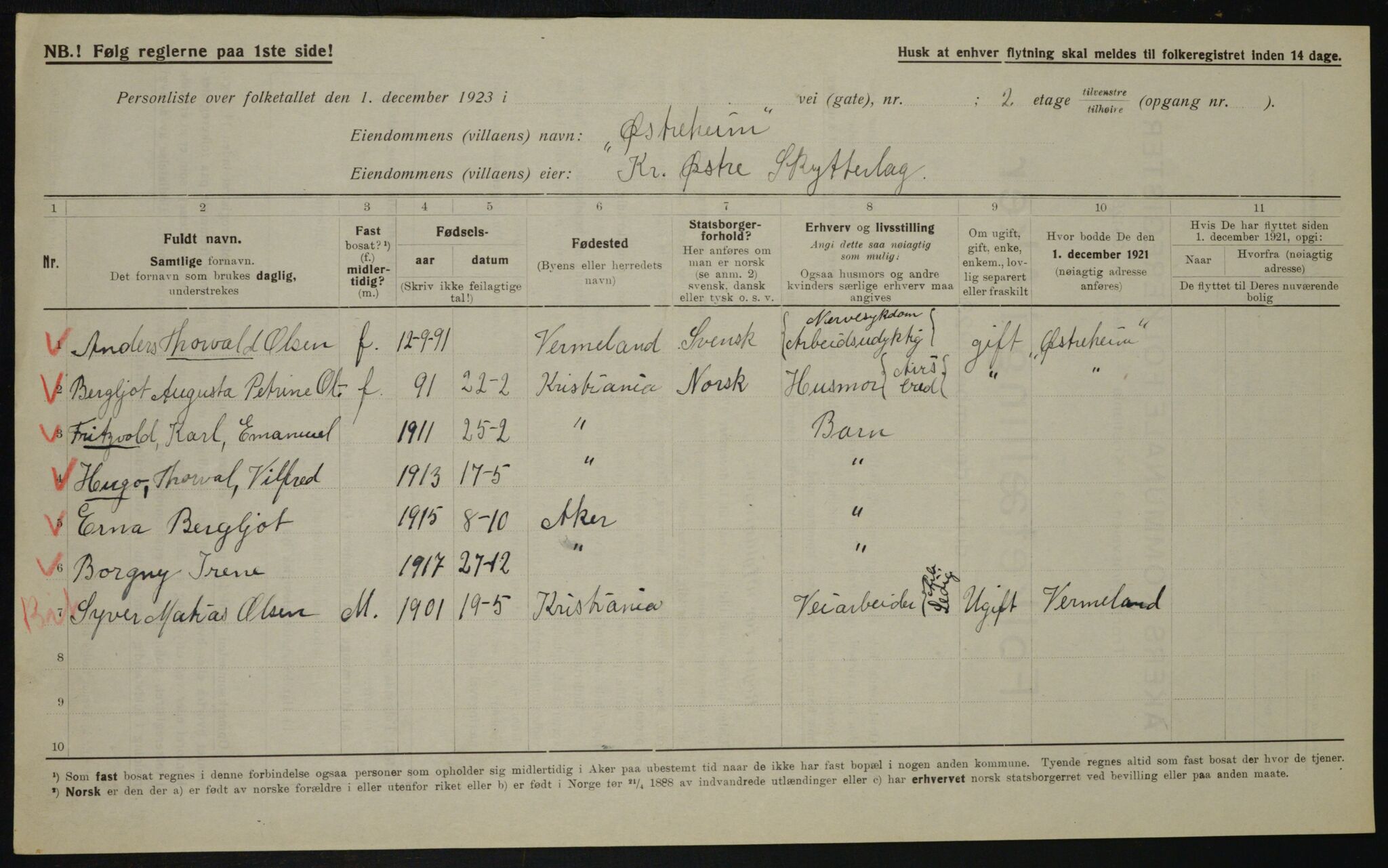 , Municipal Census 1923 for Aker, 1923, p. 22477