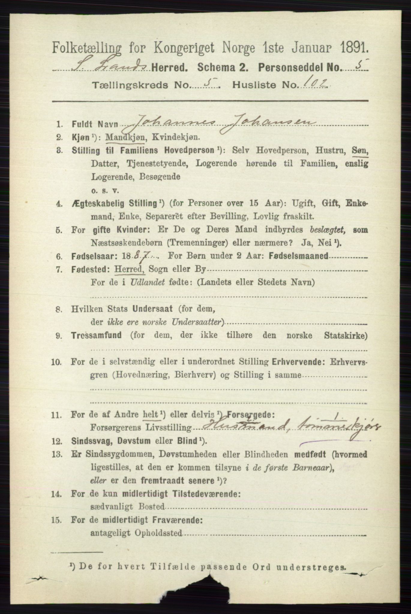 RA, 1891 census for 0536 Søndre Land, 1891, p. 5494