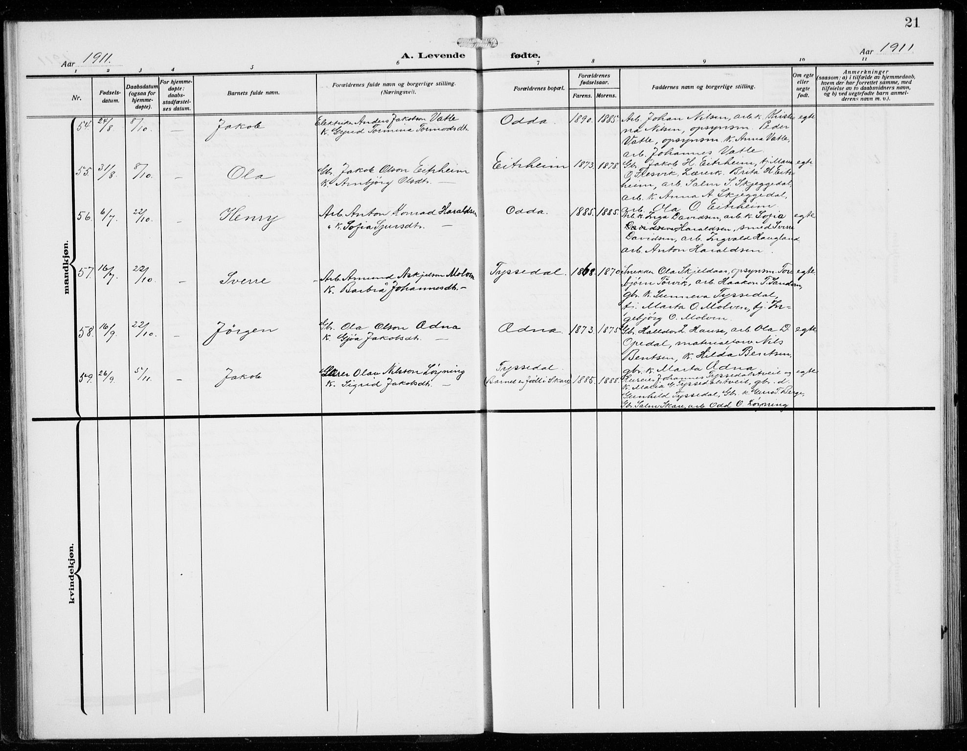 Odda Sokneprestembete, AV/SAB-A-77201/H/Hab: Parish register (copy) no. B  2, 1910-1923, p. 21