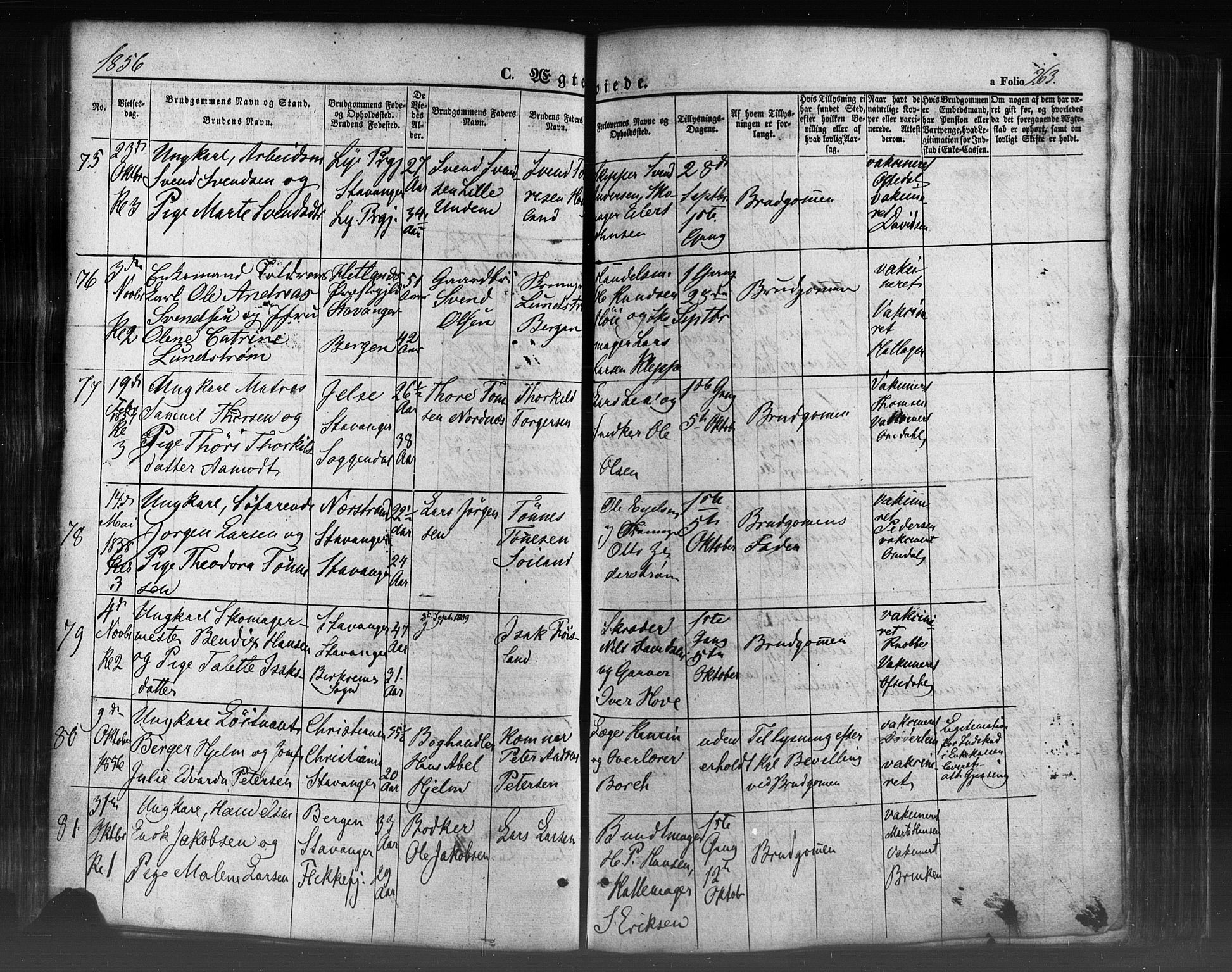 Domkirken sokneprestkontor, SAST/A-101812/001/30/30BB/L0009: Parish register (copy) no. B 9, 1850-1858, p. 263