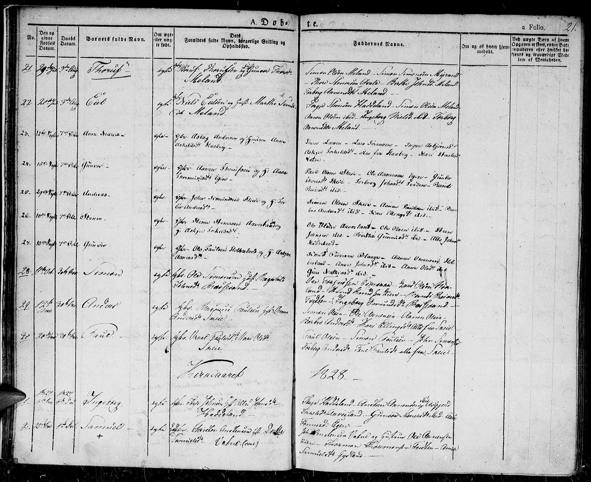 Hægebostad sokneprestkontor, AV/SAK-1111-0024/F/Fa/Fab/L0001: Parish register (official) no. A 1, 1823-1867, p. 21