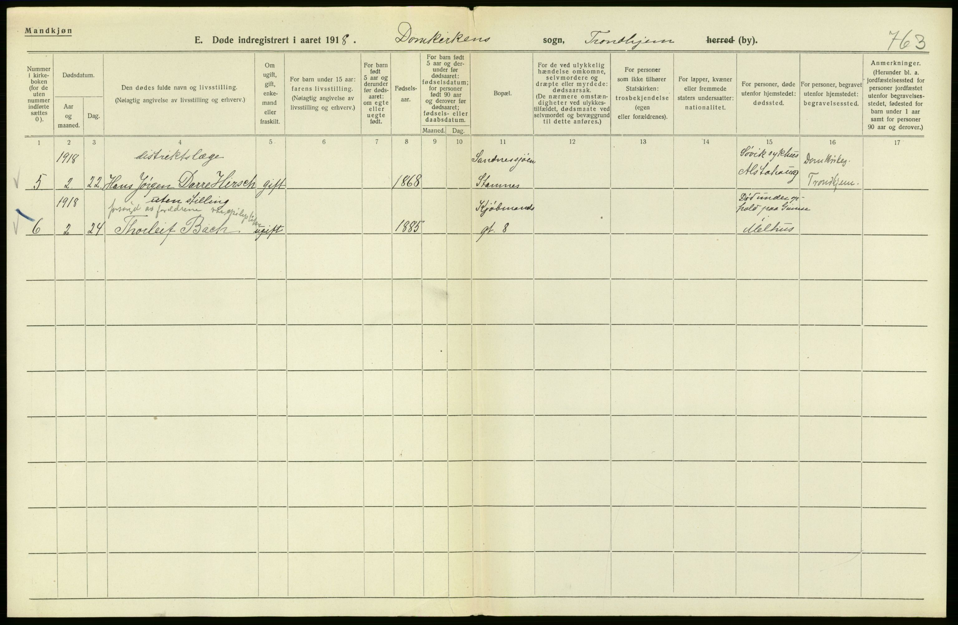 Statistisk sentralbyrå, Sosiodemografiske emner, Befolkning, AV/RA-S-2228/D/Df/Dfb/Dfbh/L0049: Trondheim: Døde, dødfødte., 1918, p. 6