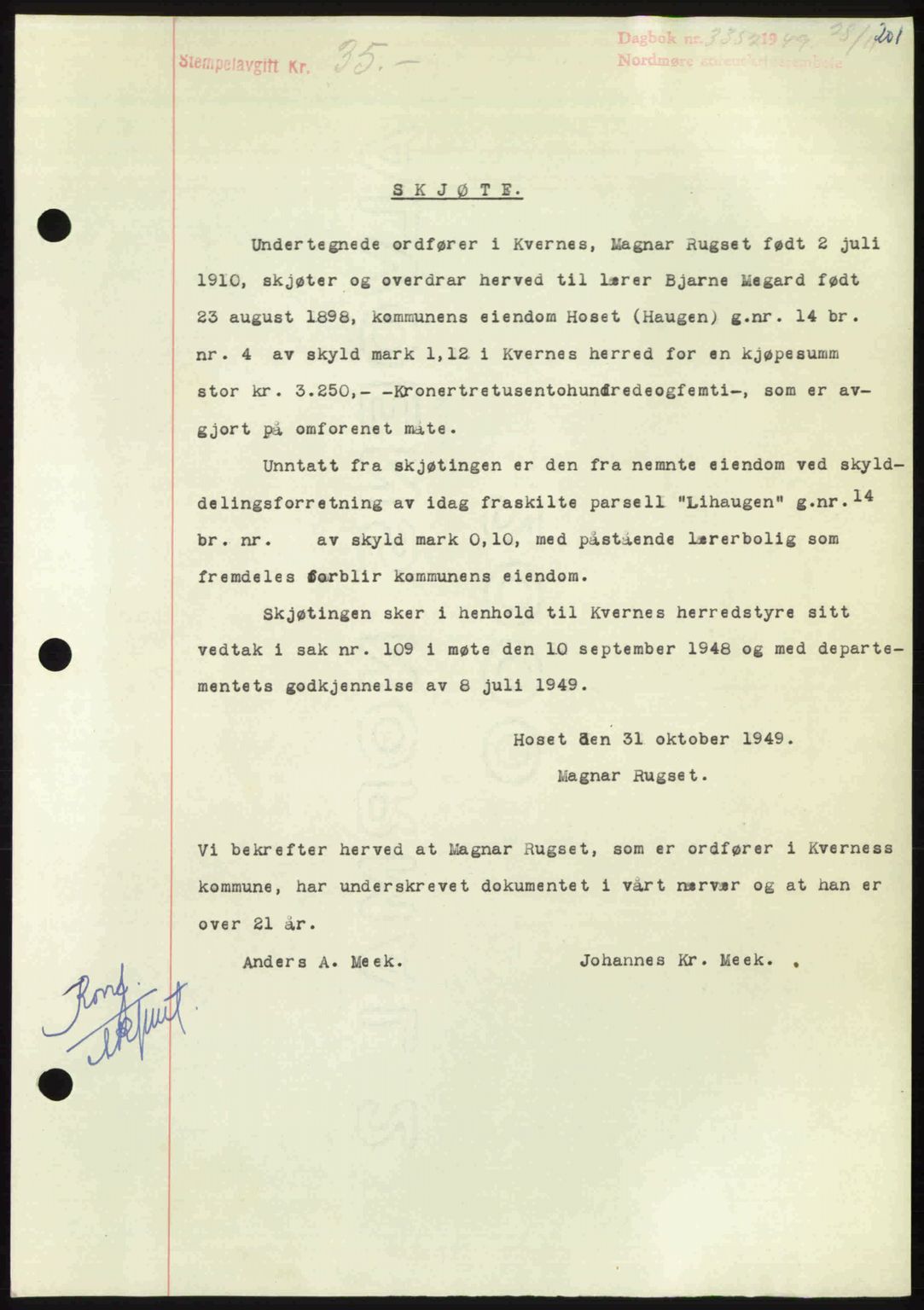 Nordmøre sorenskriveri, AV/SAT-A-4132/1/2/2Ca: Mortgage book no. A113, 1949-1950, Diary no: : 3352/1949