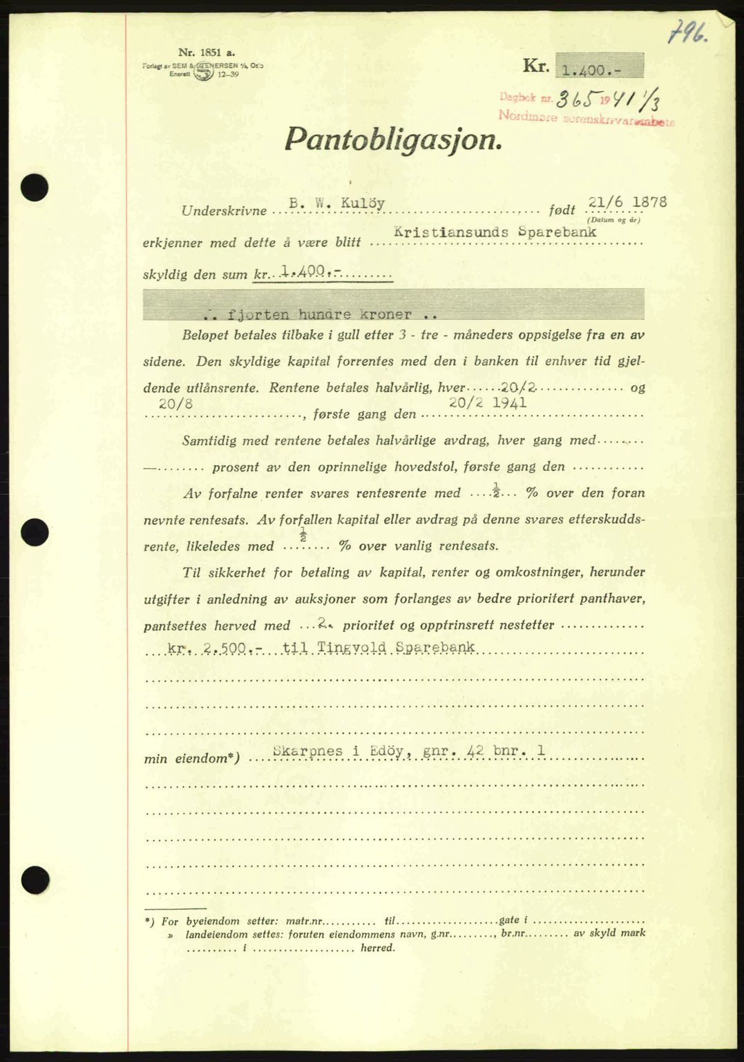 Nordmøre sorenskriveri, AV/SAT-A-4132/1/2/2Ca: Mortgage book no. B87, 1940-1941, Diary no: : 365/1941