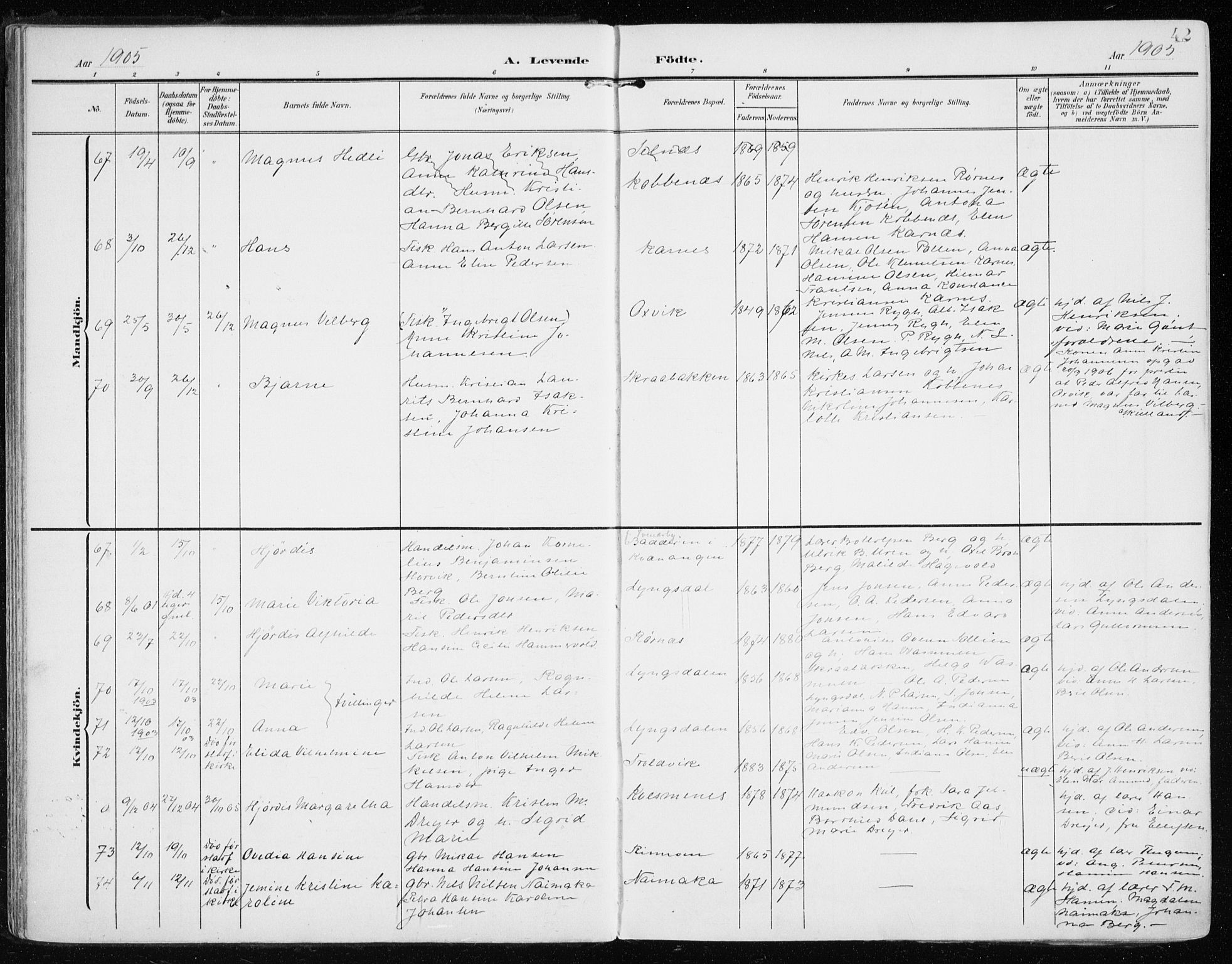 Lyngen sokneprestembete, AV/SATØ-S-1289/H/He/Hea/L0011kirke: Parish register (official) no. 11, 1903-1913, p. 42