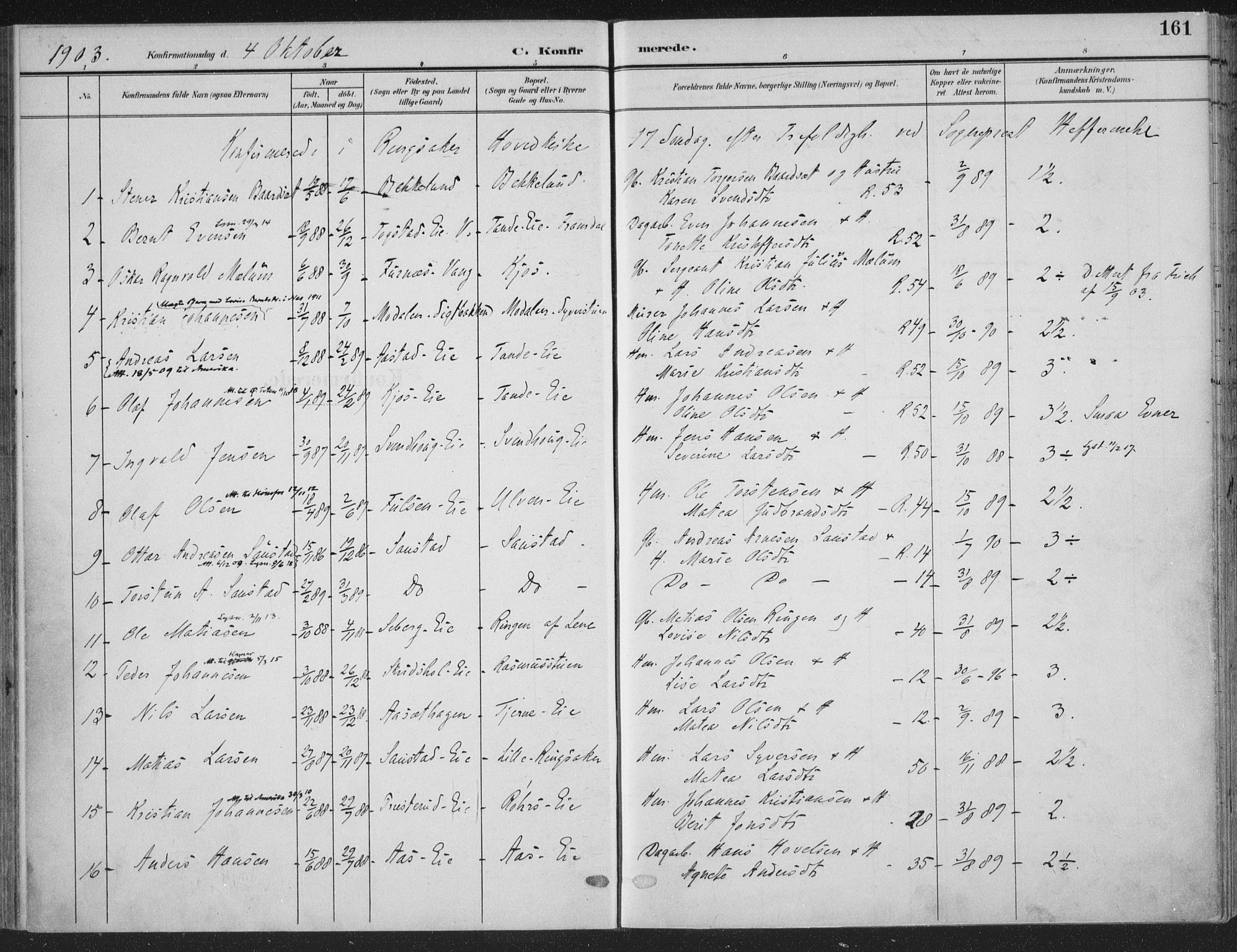 Ringsaker prestekontor, SAH/PREST-014/K/Ka/L0018: Parish register (official) no. 18, 1903-1912, p. 161