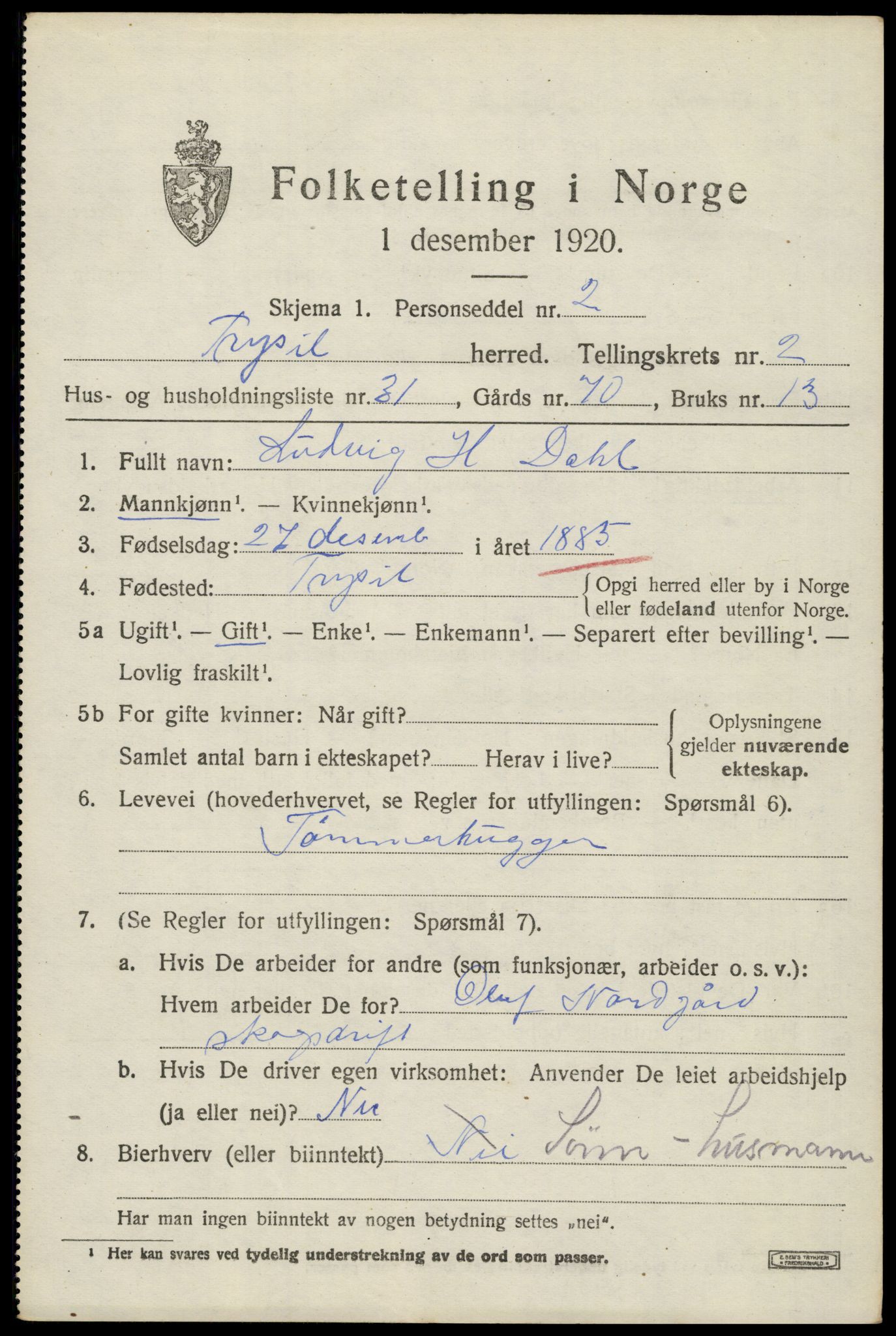 SAH, 1920 census for Trysil, 1920, p. 3463